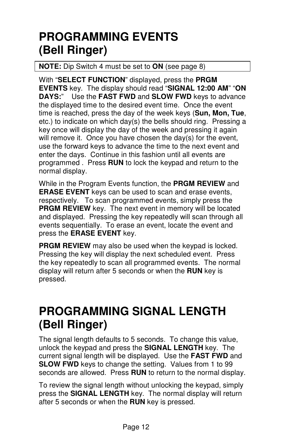 Programming events (bell ringer), Programming signal length (bell ringer) | Lathem Sonachron DWA-S User Manual | Page 15 / 28