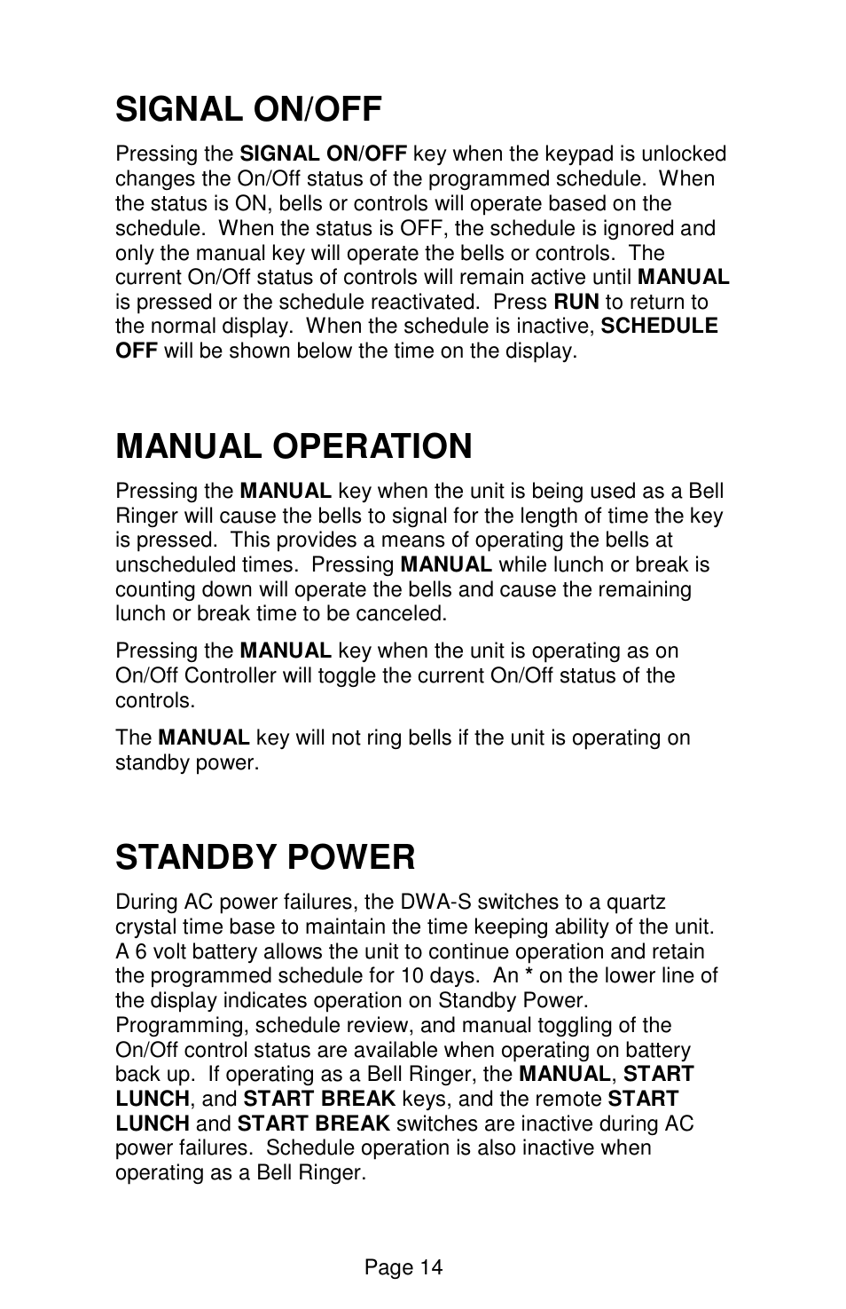 Signal on/off, Manual operation, Standby power | Lathem Sonachron DWA-S User Manual | Page 17 / 28