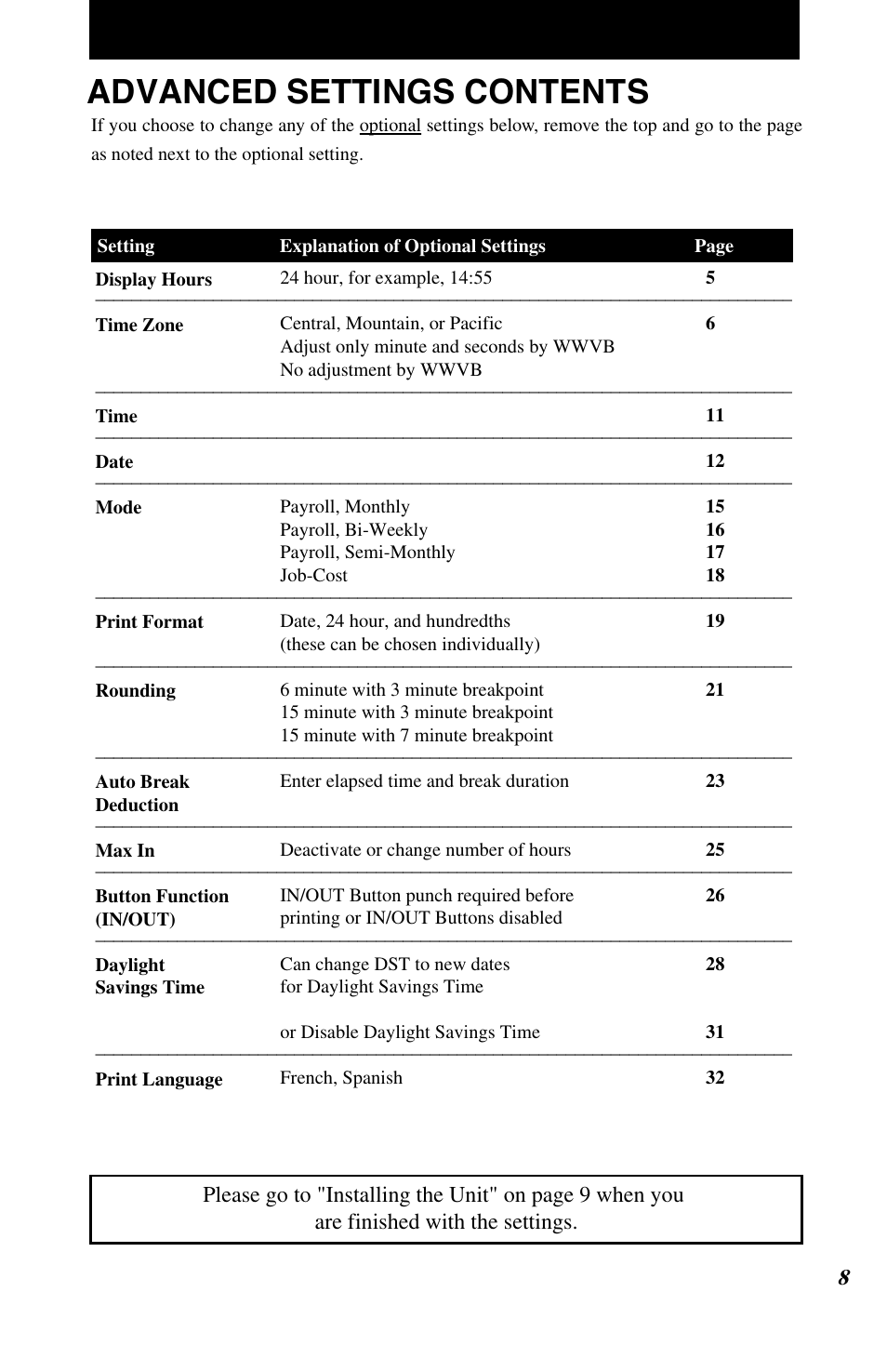 Advanced settings contents | Lathem 7500E User Manual | Page 11 / 50