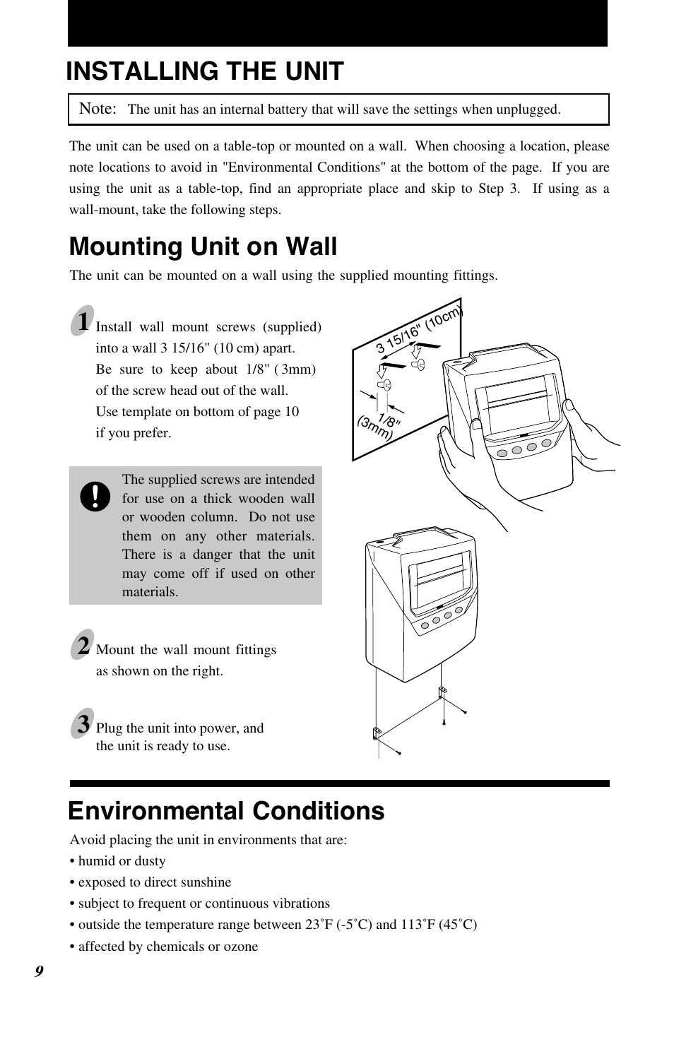 Installing the unit, Mounting unit on wall, Environmental conditions | Lathem 7500E User Manual | Page 12 / 50