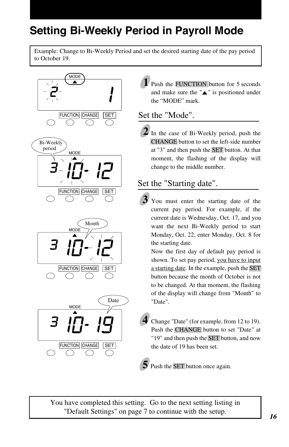 Setting bi-weekly period in payroll mode 1, Set the "mode, Set the "starting date | Lathem 7500E User Manual | Page 19 / 50