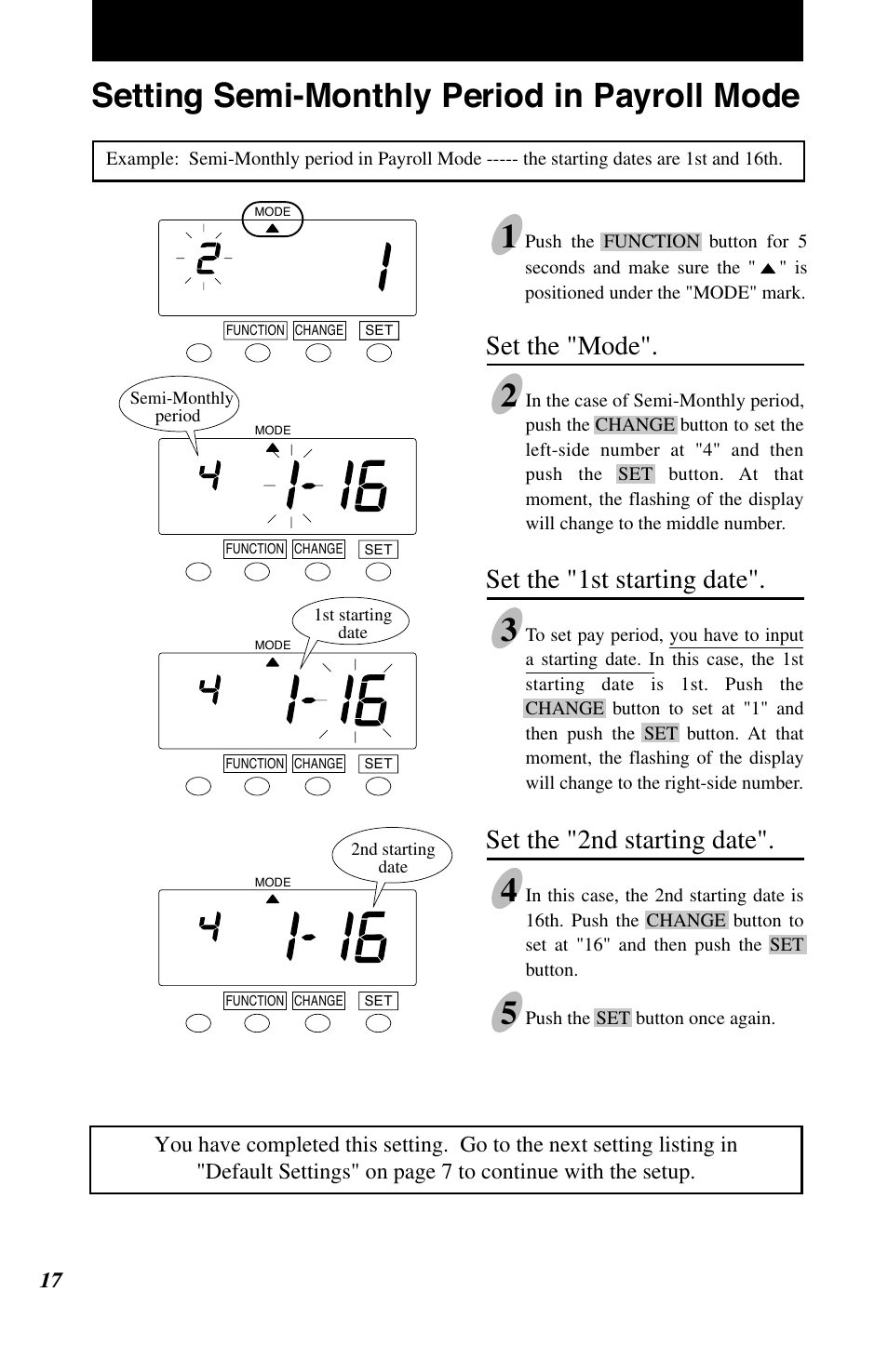 Setting semi-monthly period in payroll mode 1, Set the "mode, Set the "1st starting date | Set the "2nd starting date | Lathem 7500E User Manual | Page 20 / 50