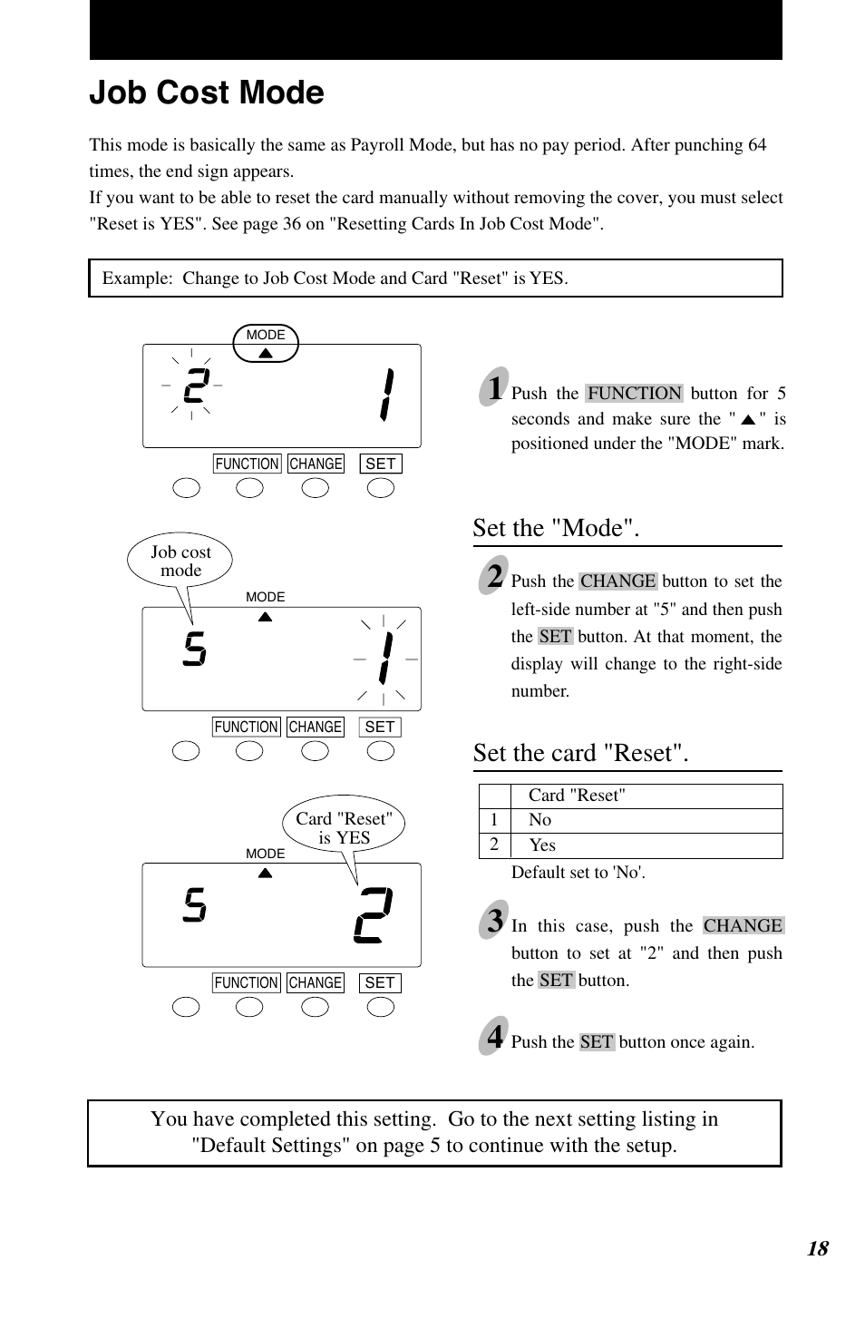 Job cost mode 4, Set the "mode, Set the card "reset | Lathem 7500E User Manual | Page 21 / 50