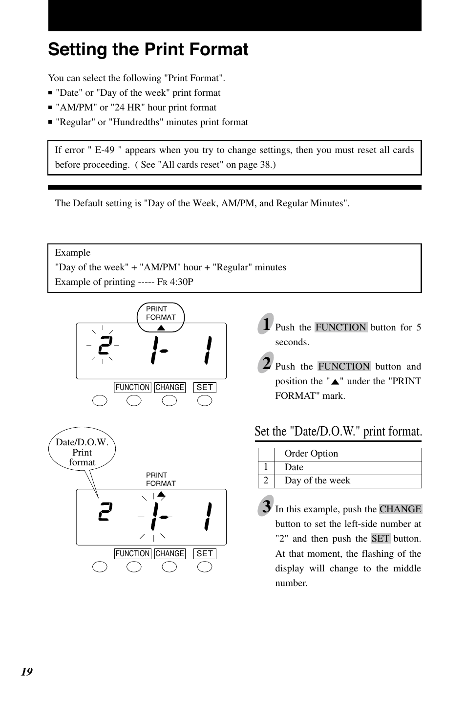 Setting the print format 1, Set the "date/d.o.w." print format | Lathem 7500E User Manual | Page 22 / 50