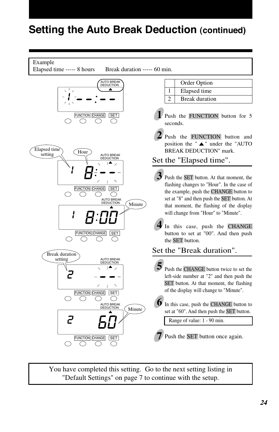 Setting the auto break deduction, Continued), Set the "break duration | Set the "elapsed time | Lathem 7500E User Manual | Page 27 / 50