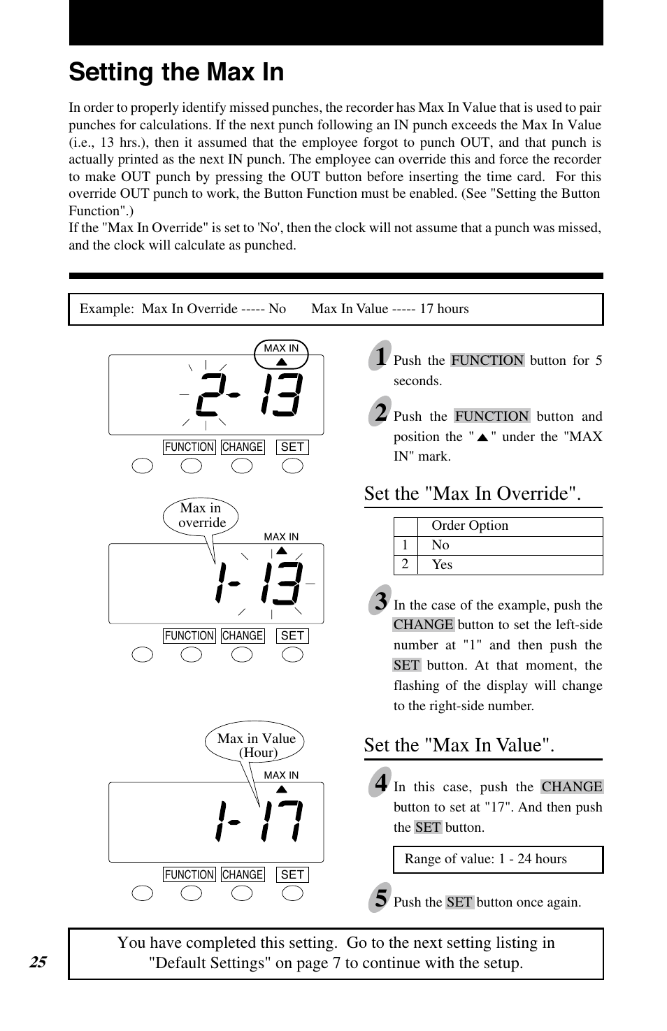 Setting the max in, Set the "max in override, Set the "max in value | Lathem 7500E User Manual | Page 28 / 50