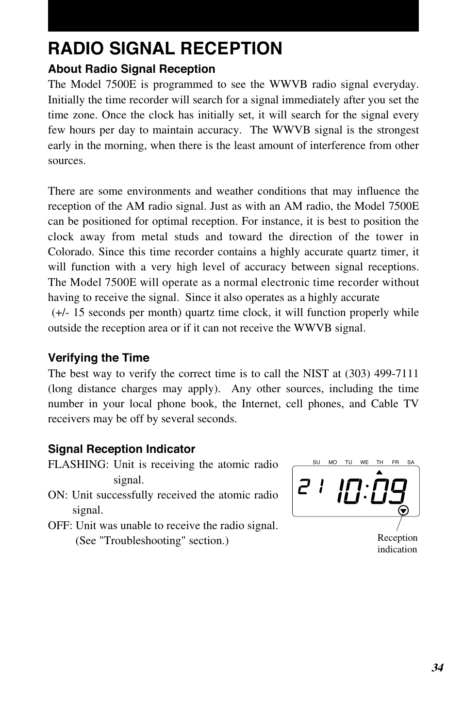 Radio signal reception | Lathem 7500E User Manual | Page 37 / 50