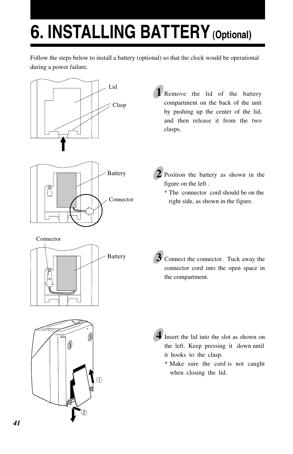 Installing battery, Optional) | Lathem 7500E User Manual | Page 44 / 50