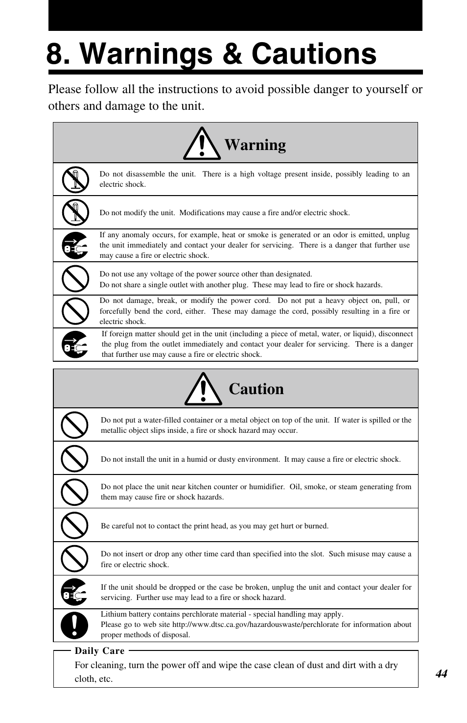 Warnings & cautions, Warning, Caution | Lathem 7500E User Manual | Page 47 / 50