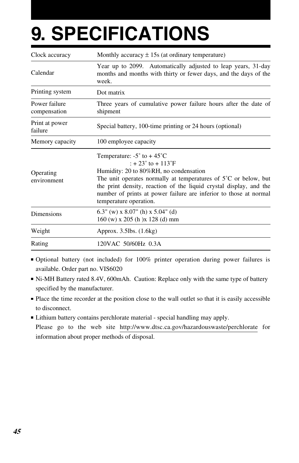 Specifications | Lathem 7500E User Manual | Page 48 / 50
