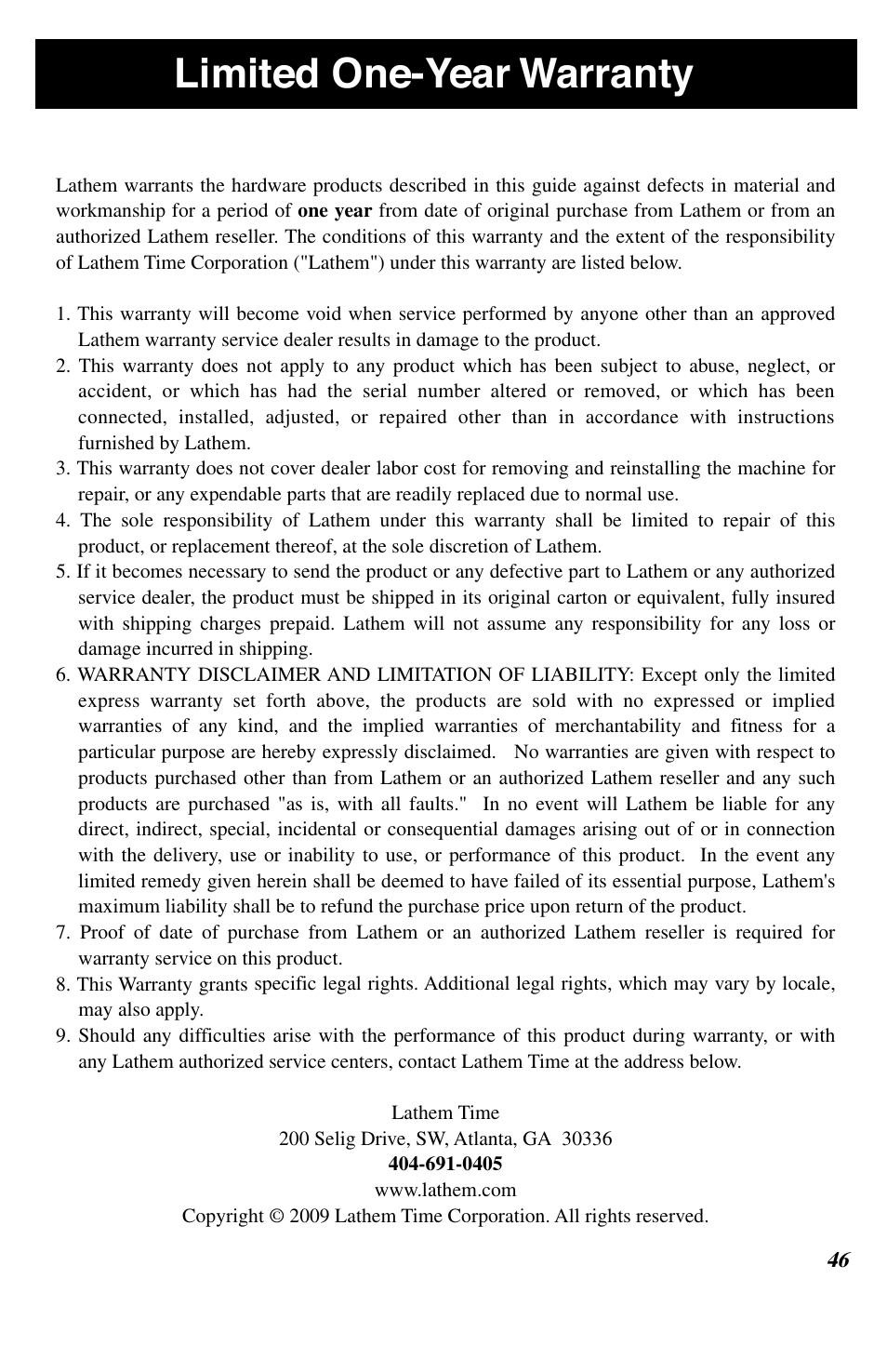 Limited one-year warranty | Lathem 7500E User Manual | Page 49 / 50