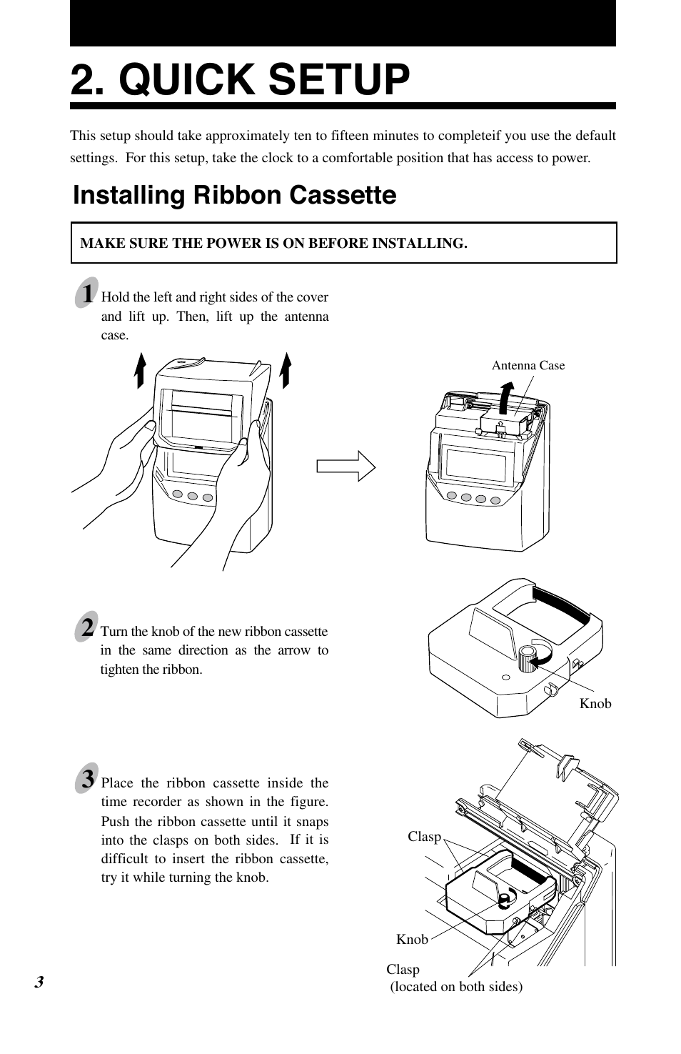 Quick setup, Installing ribbon cassette 1 | Lathem 7500E User Manual | Page 6 / 50