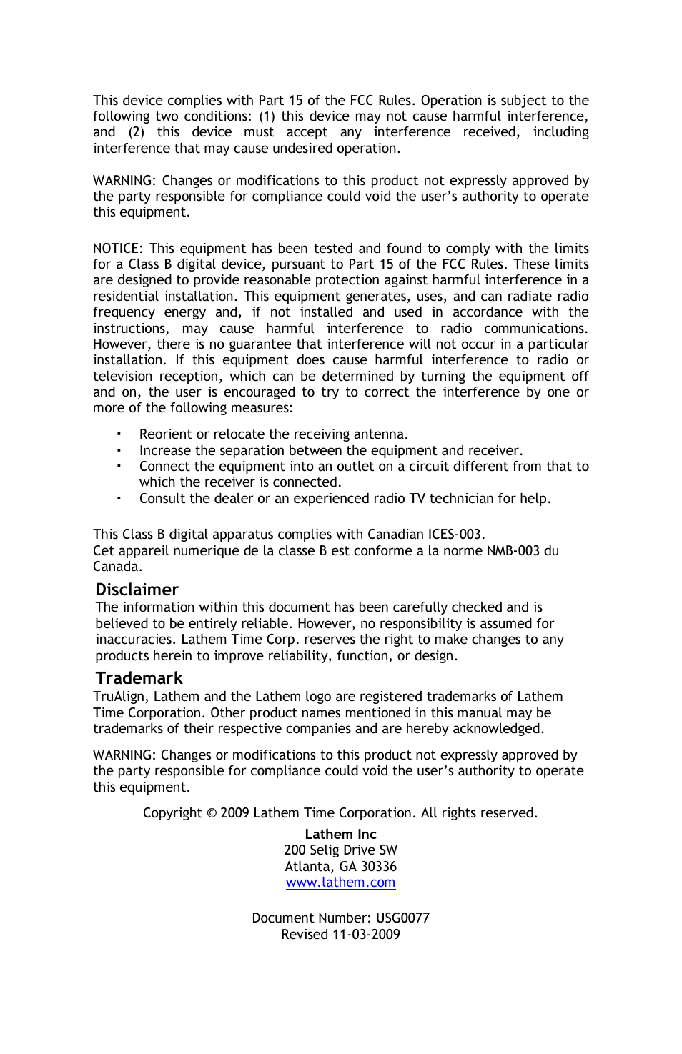 Disclaimer, Trademark | Lathem TRUALIGN TIME RECORDER 800P User Manual | Page 2 / 39