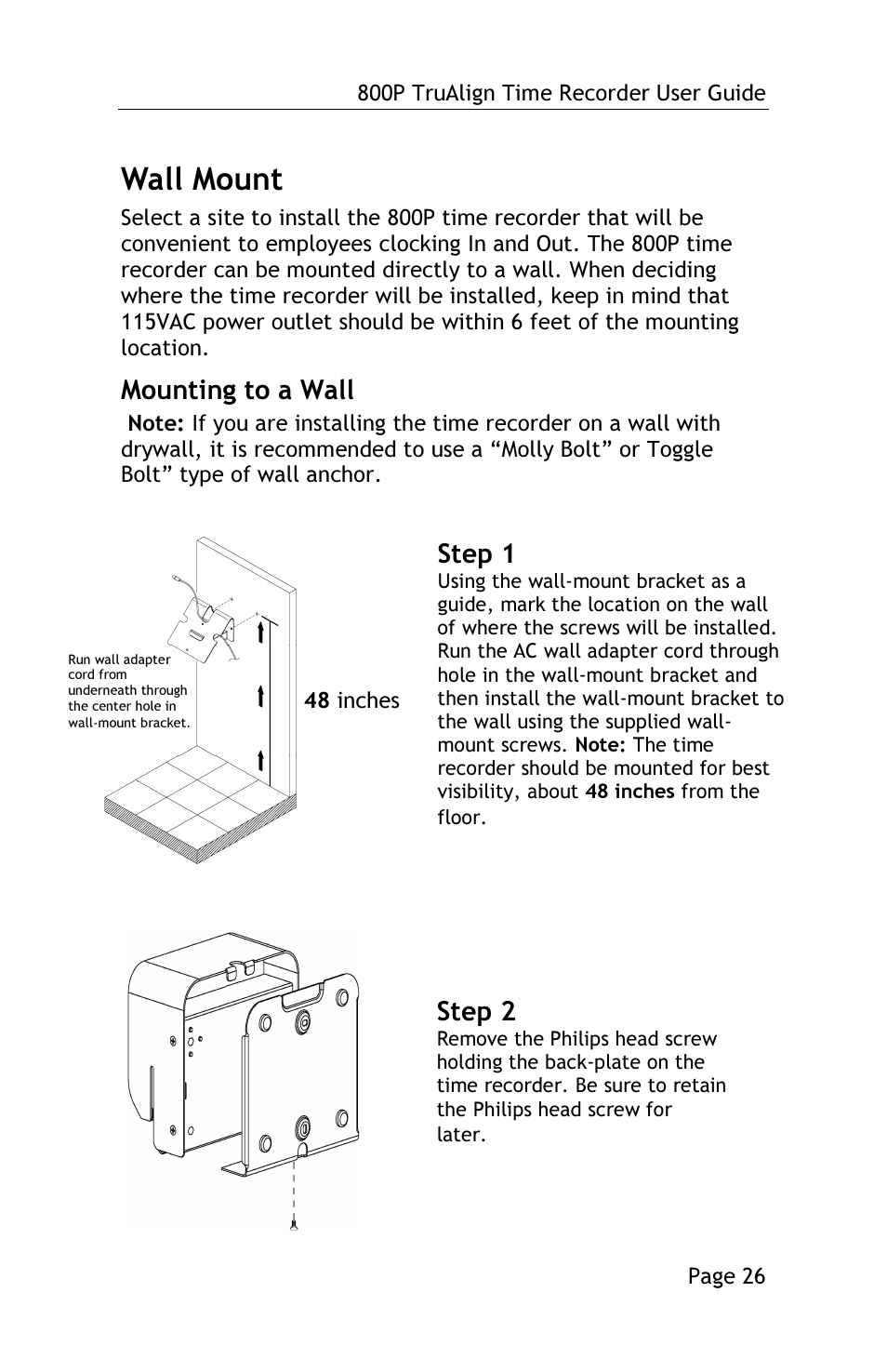 Wall mount, Mounting to a wall, Step 2 | Step 1 | Lathem TRUALIGN TIME RECORDER 800P User Manual | Page 25 / 39