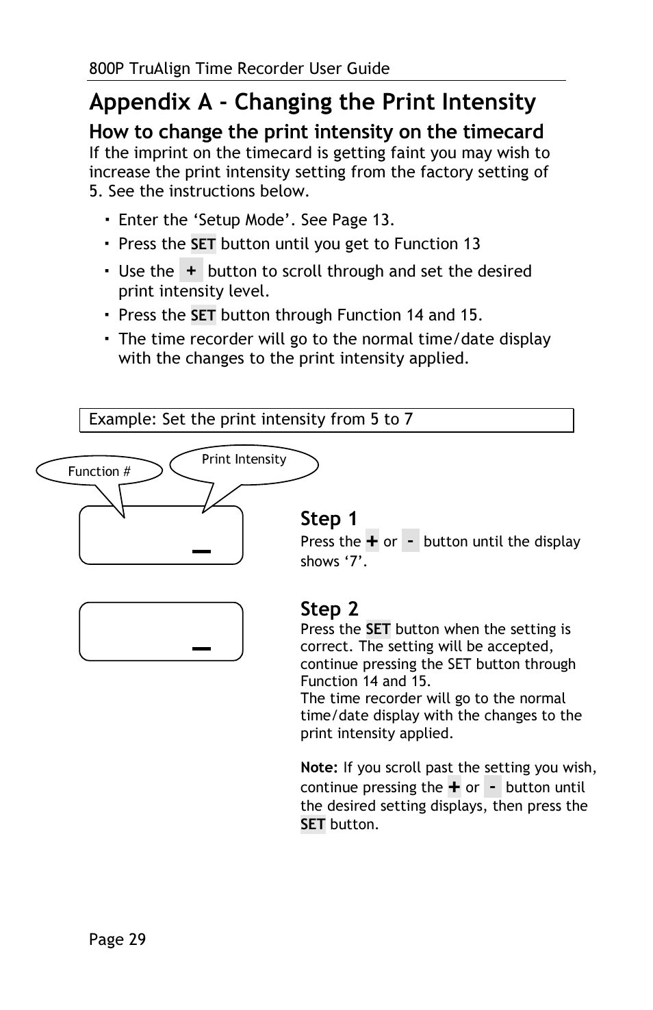 Appendix a - changing the print intensity, How to change the print intensity on the timecard, Step 1 | Step 2 | Lathem TRUALIGN TIME RECORDER 800P User Manual | Page 28 / 39