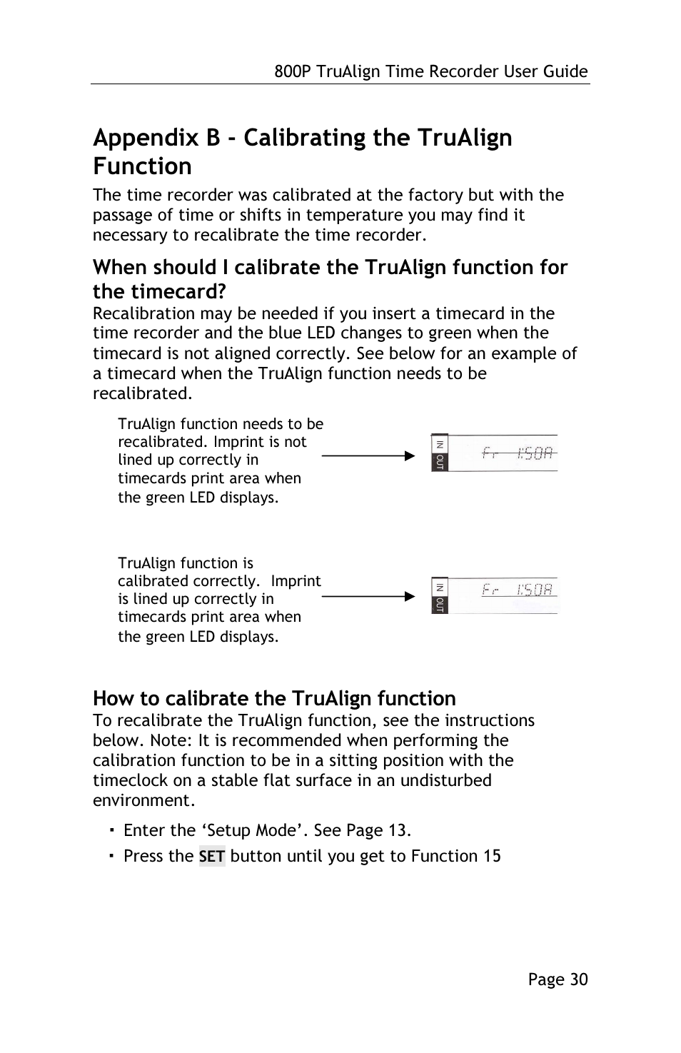 Appendix b - calibrating the trualign function, How to calibrate the trualign function | Lathem TRUALIGN TIME RECORDER 800P User Manual | Page 29 / 39