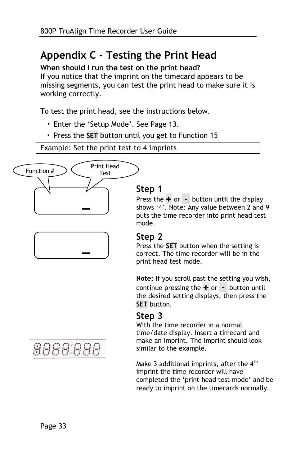 Appendix c - testing the print head, Step 1, Step 2 | Step 3 | Lathem TRUALIGN TIME RECORDER 800P User Manual | Page 32 / 39