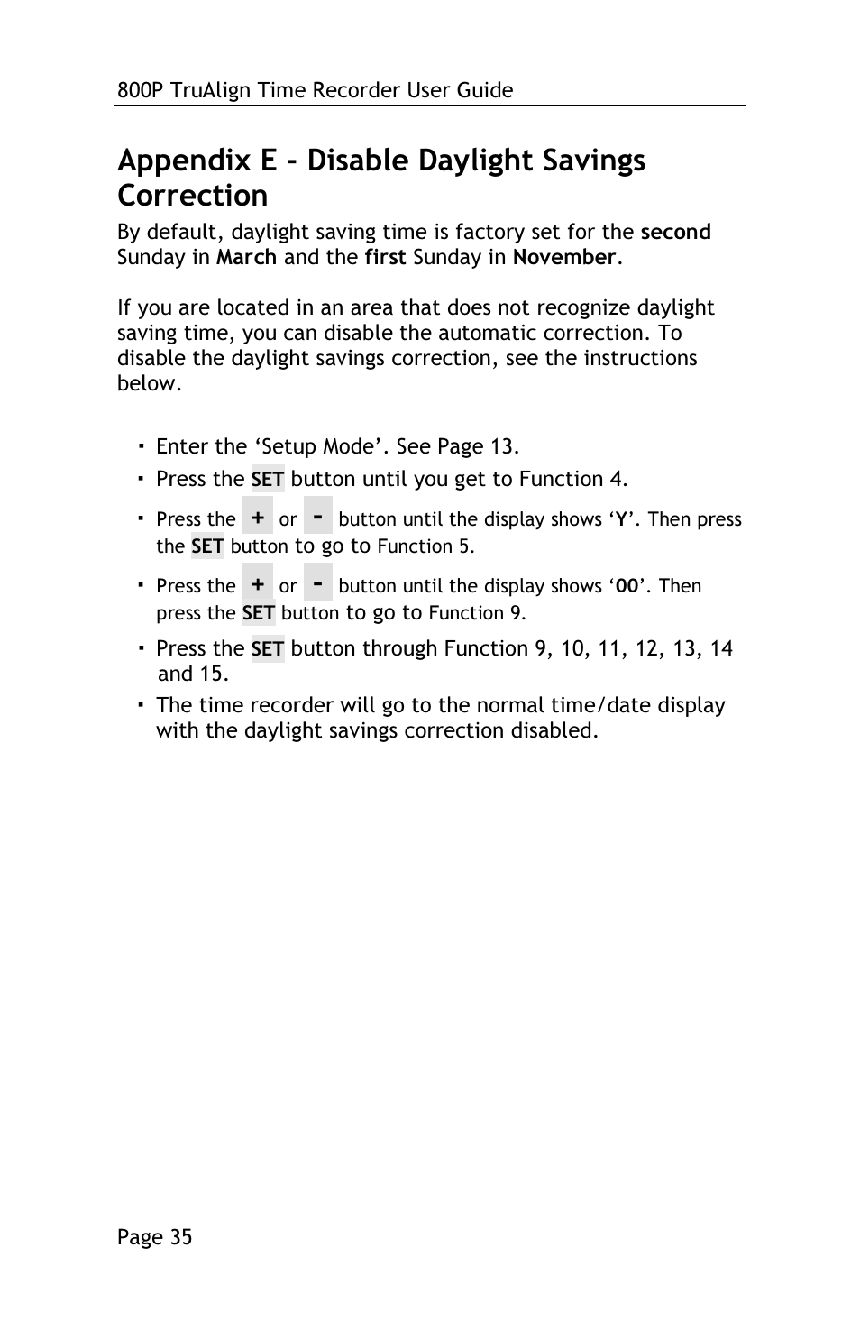 Appendix e - disable daylight savings correction | Lathem TRUALIGN TIME RECORDER 800P User Manual | Page 34 / 39