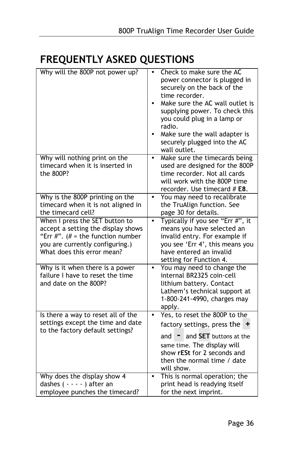 Frequently asked questions | Lathem TRUALIGN TIME RECORDER 800P User Manual | Page 35 / 39