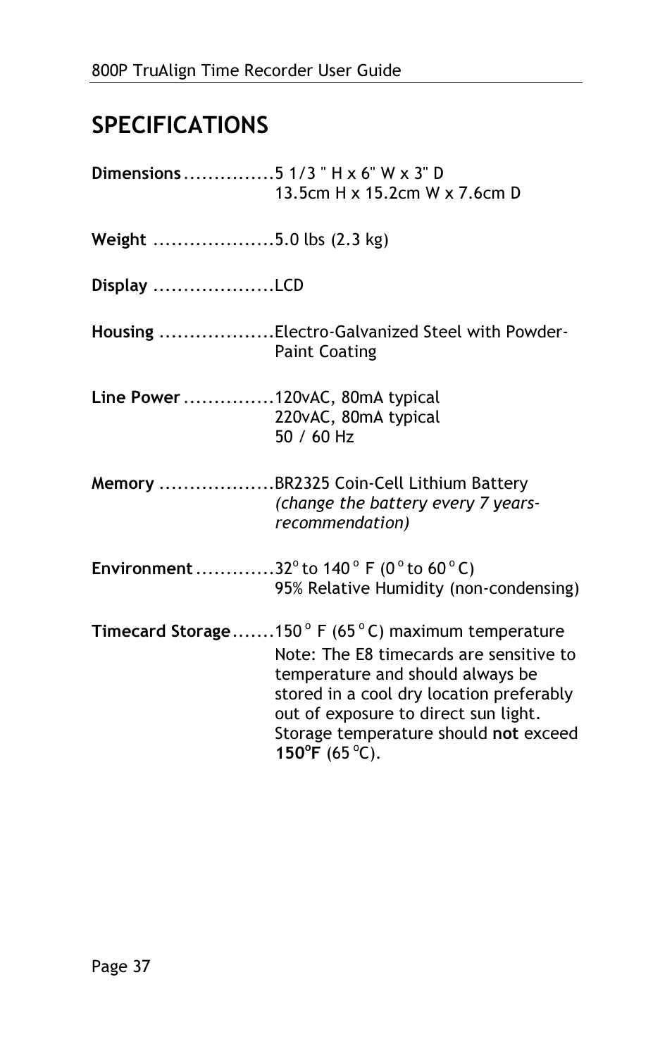 Specifications | Lathem TRUALIGN TIME RECORDER 800P User Manual | Page 36 / 39