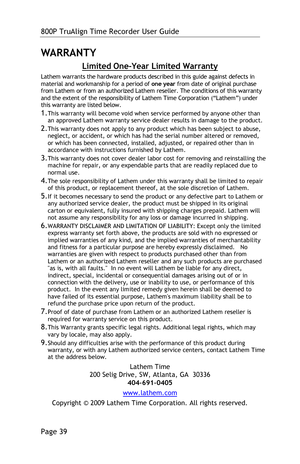 Warranty, Limited one-year limited warranty | Lathem TRUALIGN TIME RECORDER 800P User Manual | Page 38 / 39