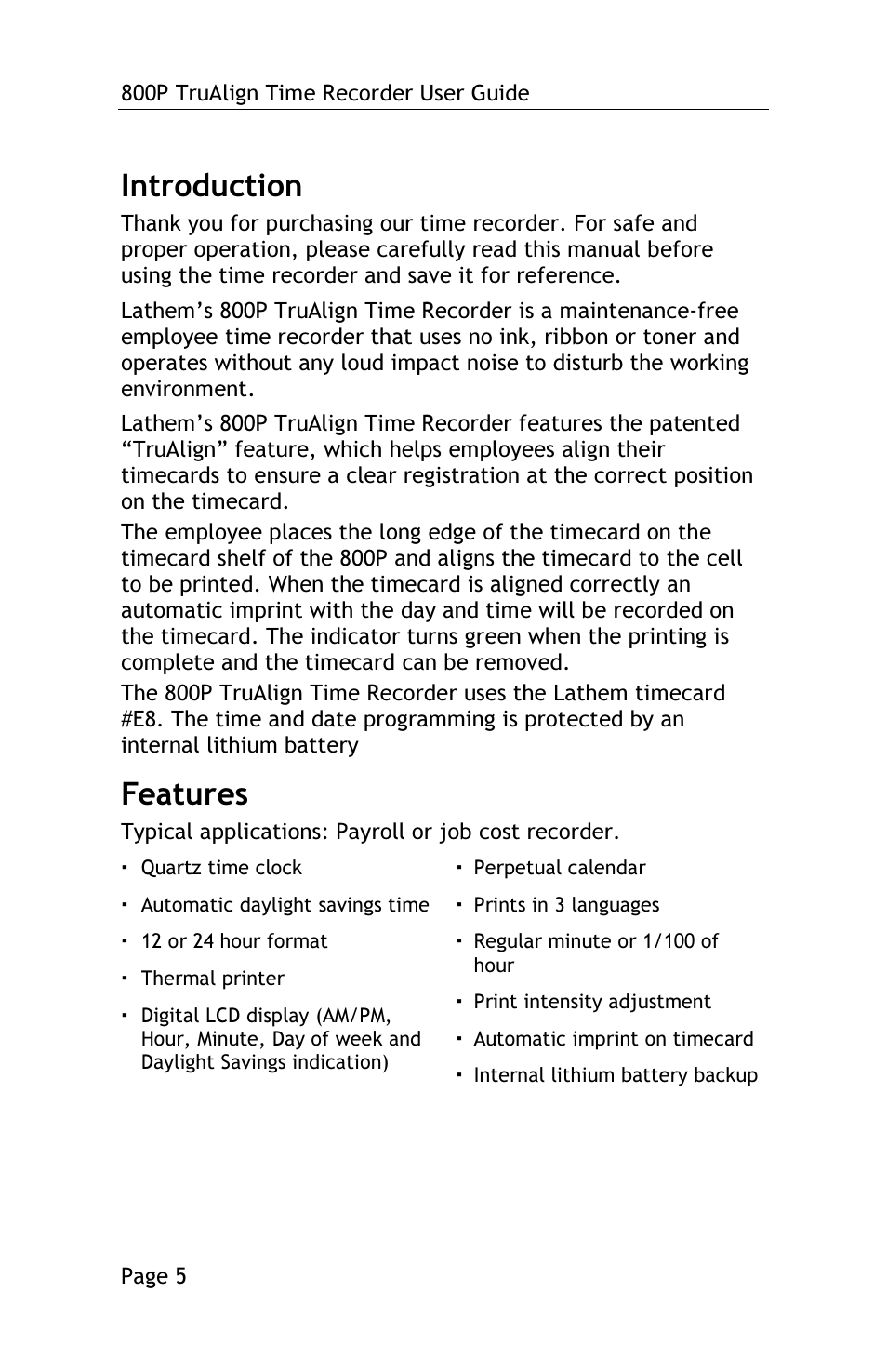 Introduction, Features | Lathem TRUALIGN TIME RECORDER 800P User Manual | Page 4 / 39