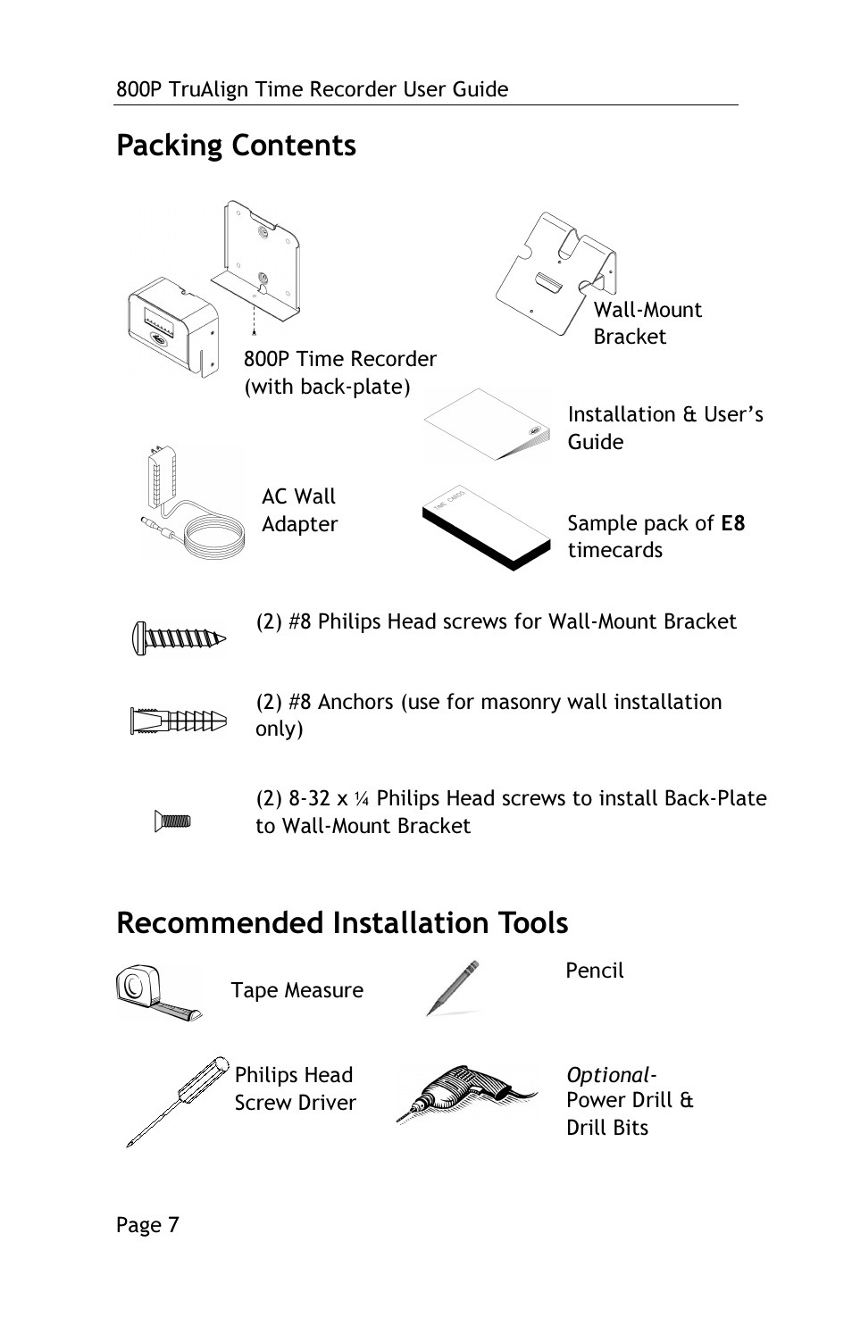 Packing contents, Recommended installation tools | Lathem TRUALIGN TIME RECORDER 800P User Manual | Page 6 / 39