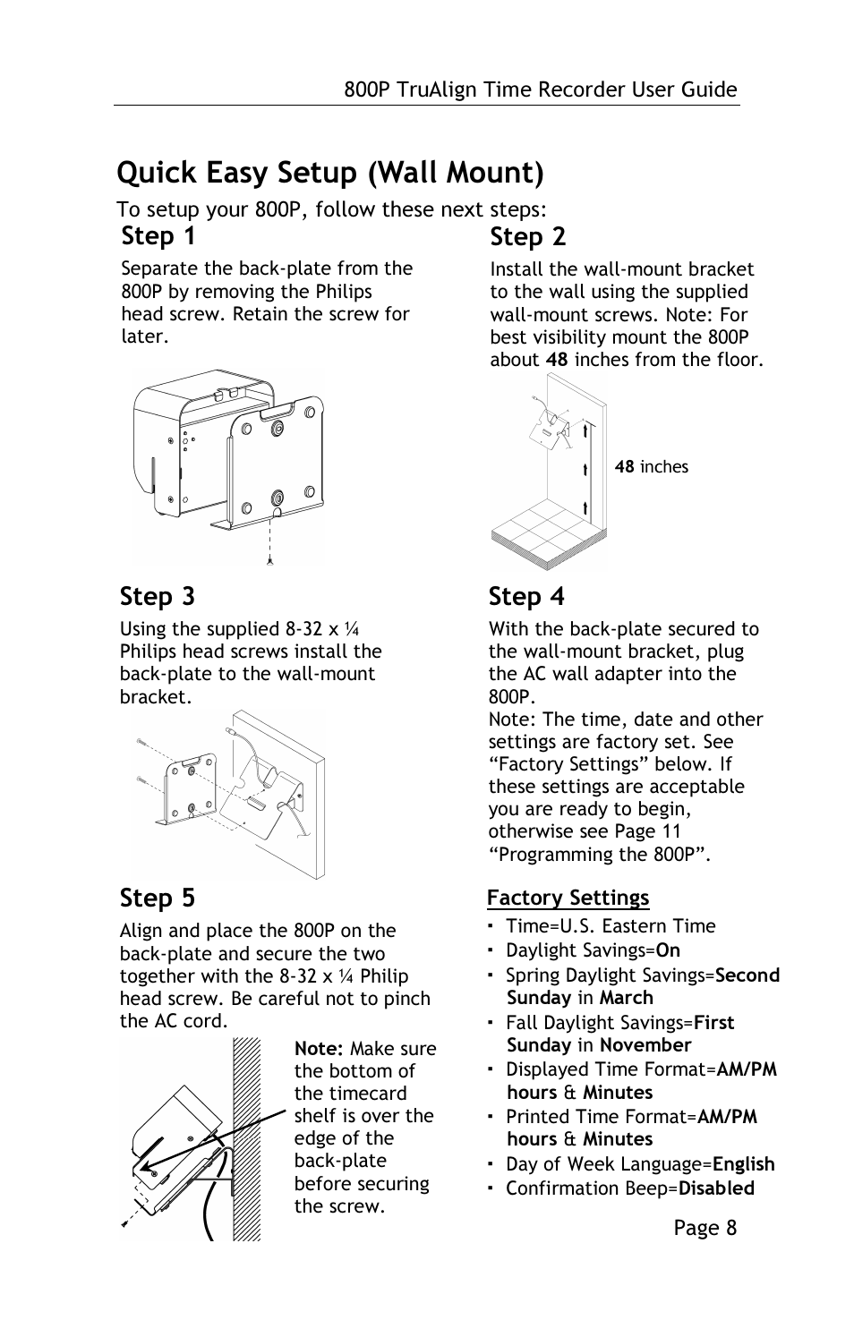 Quick easy setup (wall mount), Step 1, Step 5 | Step 3, Step 2, Step 4 | Lathem TRUALIGN TIME RECORDER 800P User Manual | Page 7 / 39