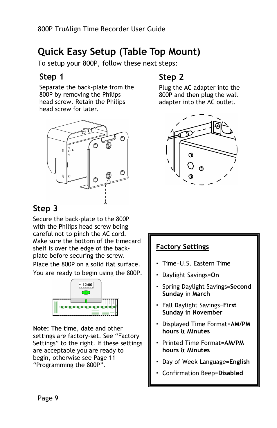 Quick easy setup (table top mount), Step 1, Step 2 | Step 3 | Lathem TRUALIGN TIME RECORDER 800P User Manual | Page 8 / 39