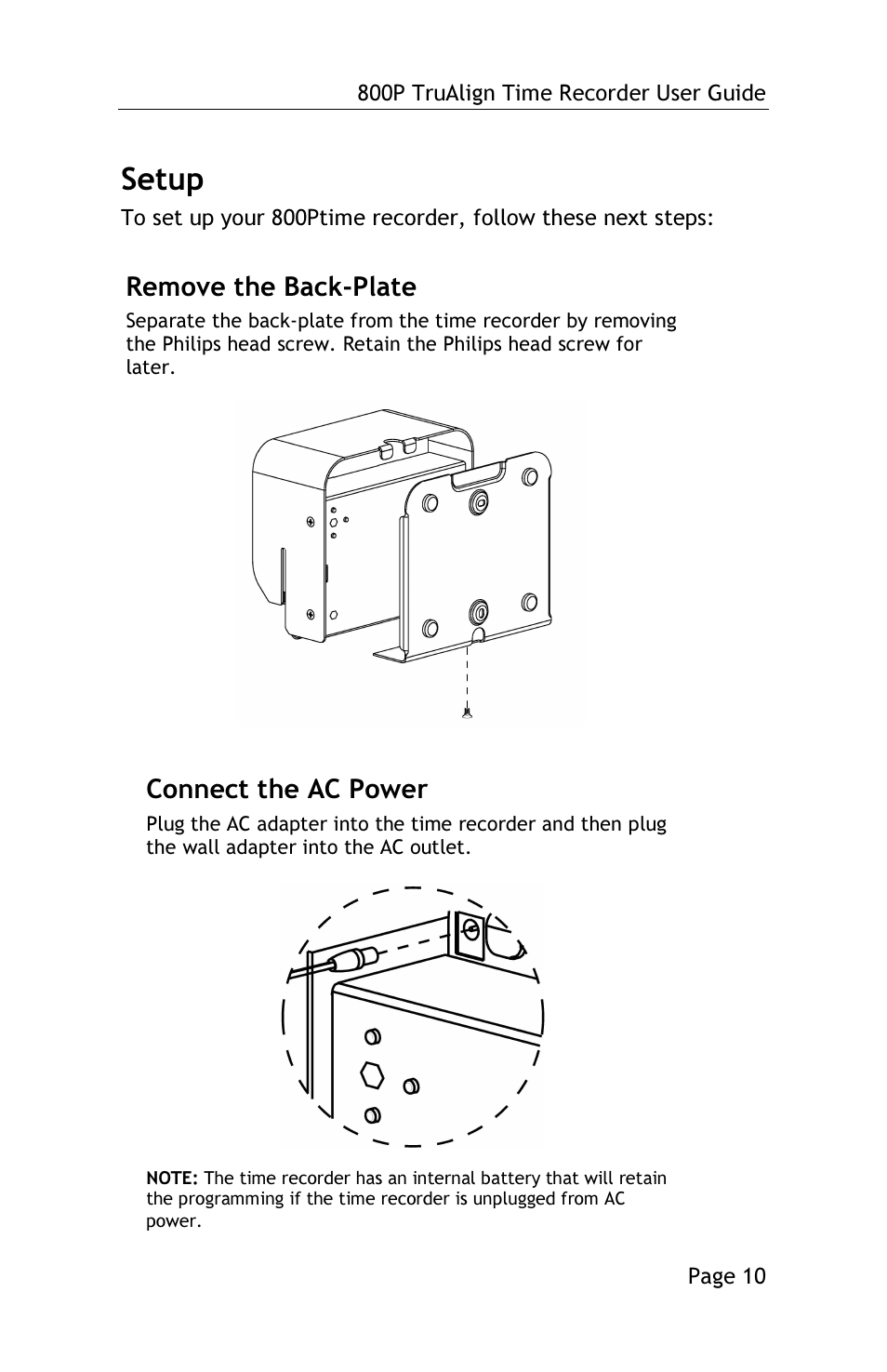 Setup, Remove the back-plate, Connect the ac power | Lathem TRUALIGN TIME RECORDER 800P User Manual | Page 9 / 39