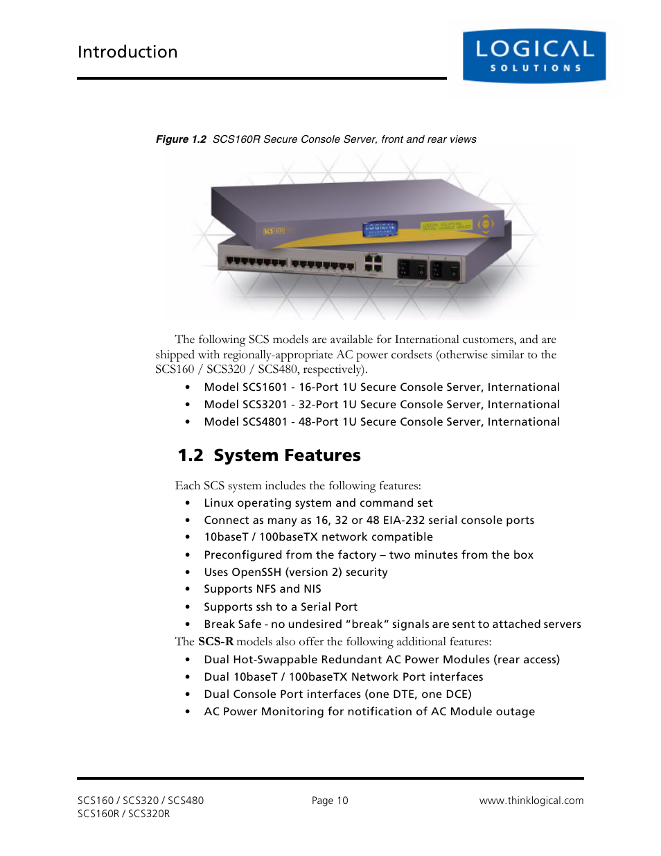Introduction, 2 system features | Logical Solutions Secure Console Servers SCS-R User Manual | Page 10 / 90