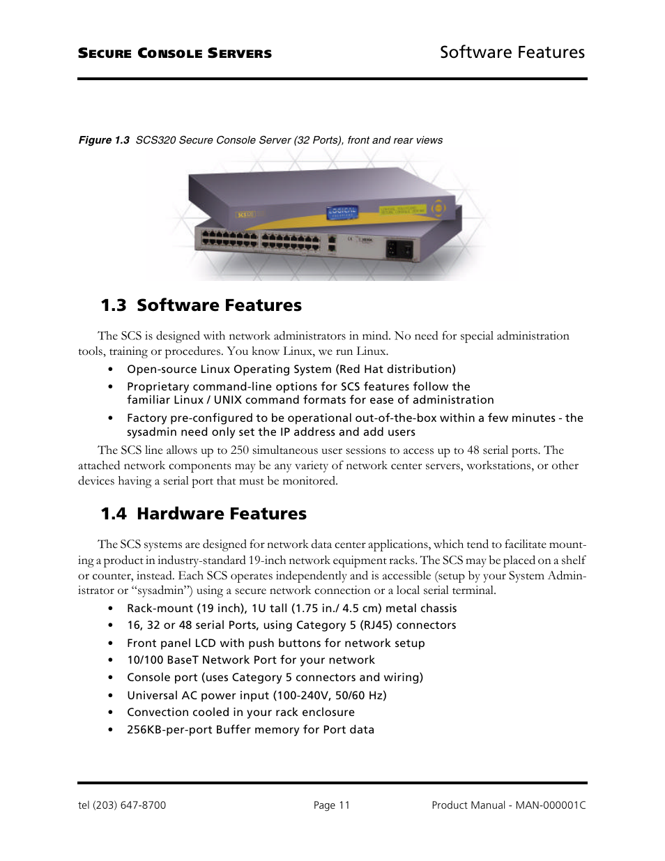 Software features, 3 software features, 4 hardware features | Logical Solutions Secure Console Servers SCS-R User Manual | Page 11 / 90