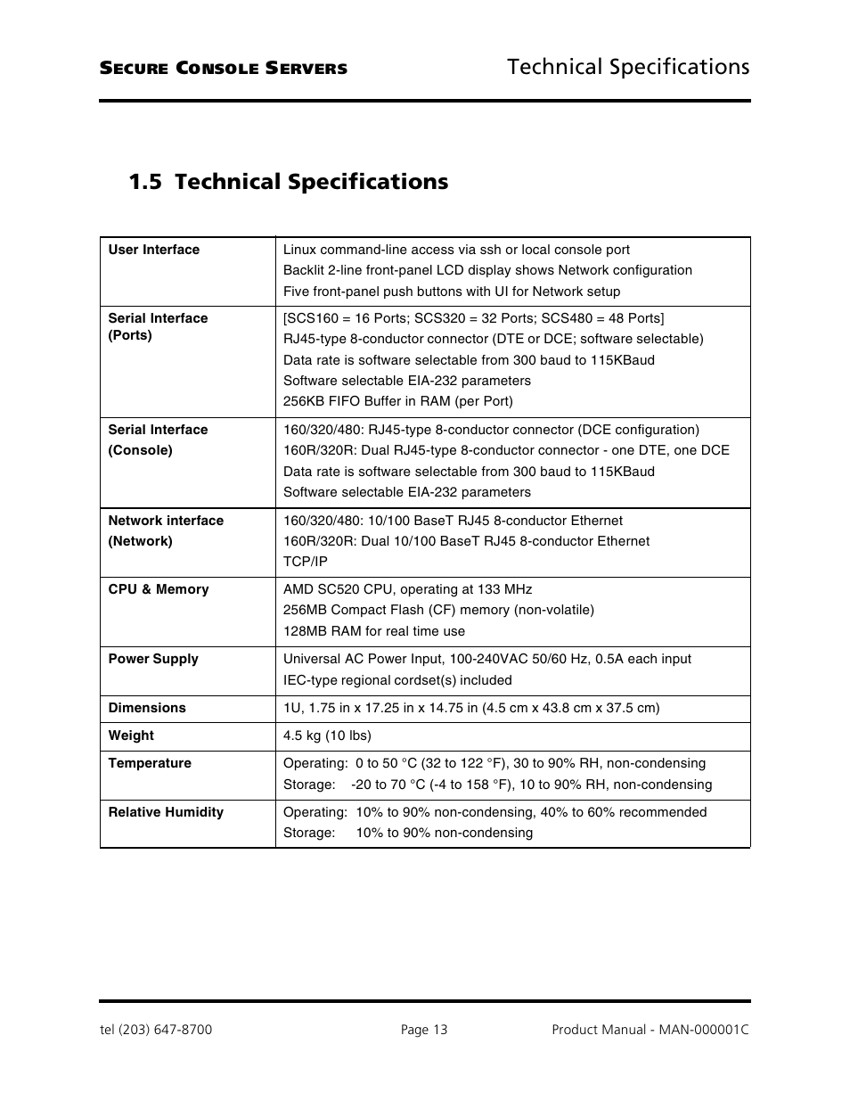 Technical specifications, 5 technical specifications | Logical Solutions Secure Console Servers SCS-R User Manual | Page 13 / 90