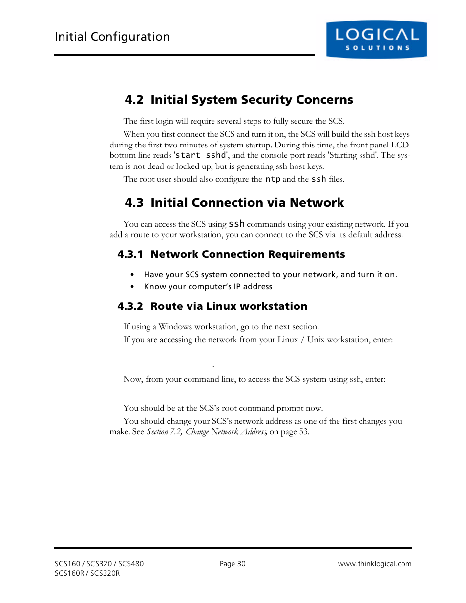 Initial configuration, 2 initial system security concerns, 3 initial connection via network | Logical Solutions Secure Console Servers SCS-R User Manual | Page 30 / 90
