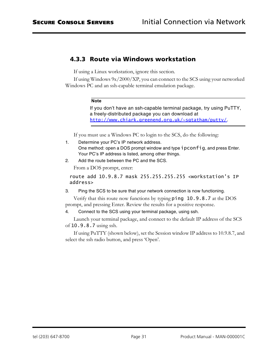 Initial connection via network, 3 route via windows workstation | Logical Solutions Secure Console Servers SCS-R User Manual | Page 31 / 90