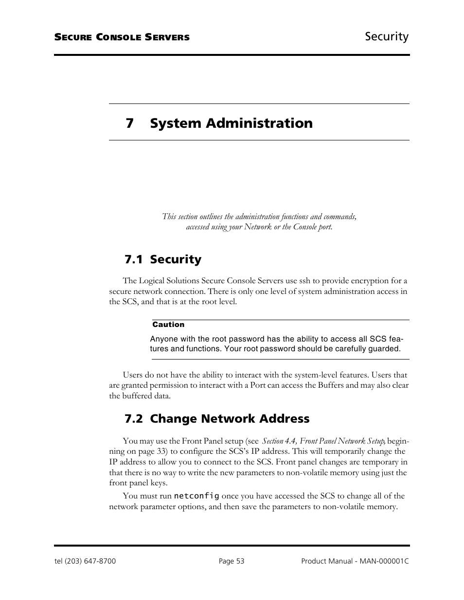 7 system administration, Security, 1 security | 2 change network address | Logical Solutions Secure Console Servers SCS-R User Manual | Page 53 / 90