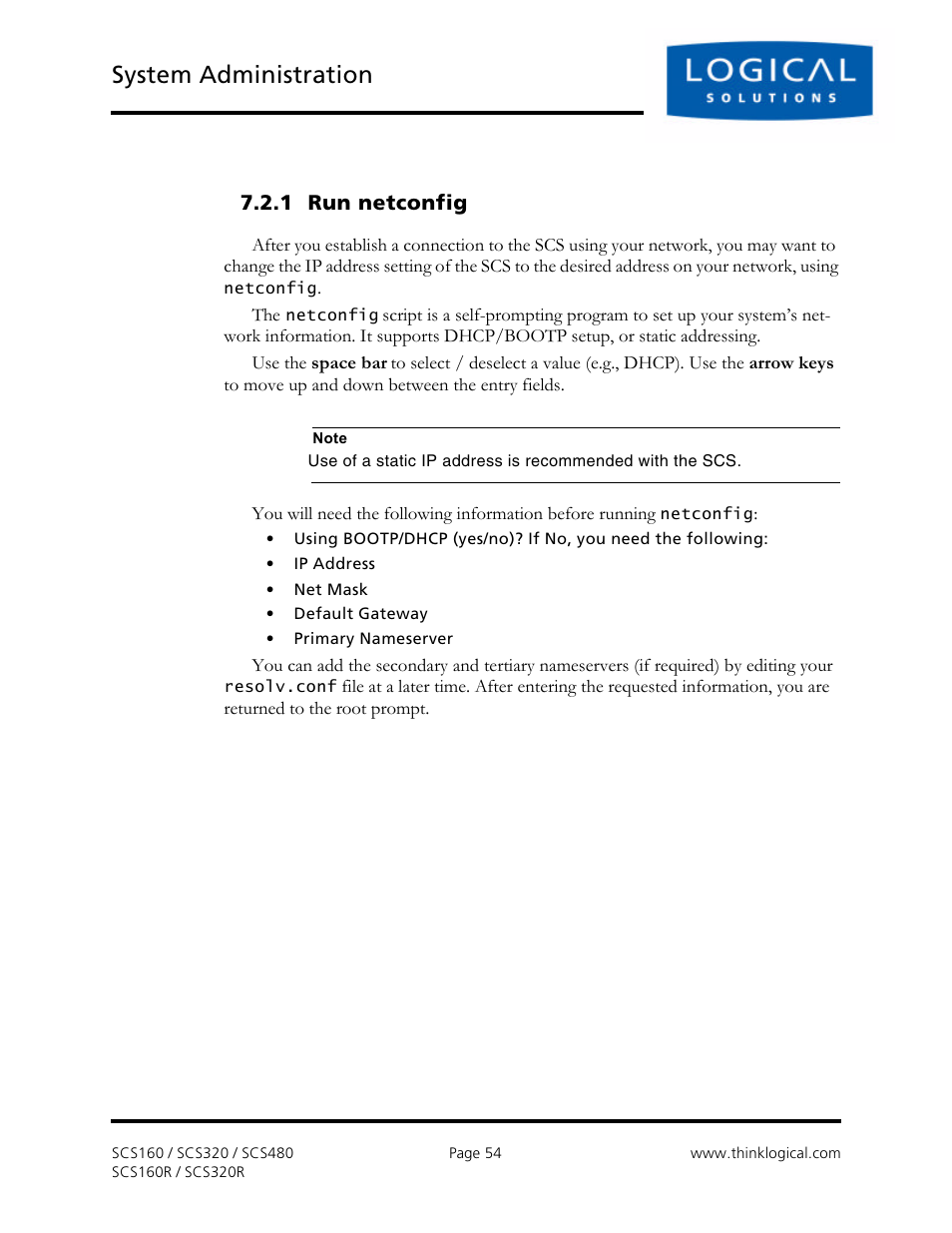 System administration, 1 run netconfig | Logical Solutions Secure Console Servers SCS-R User Manual | Page 54 / 90