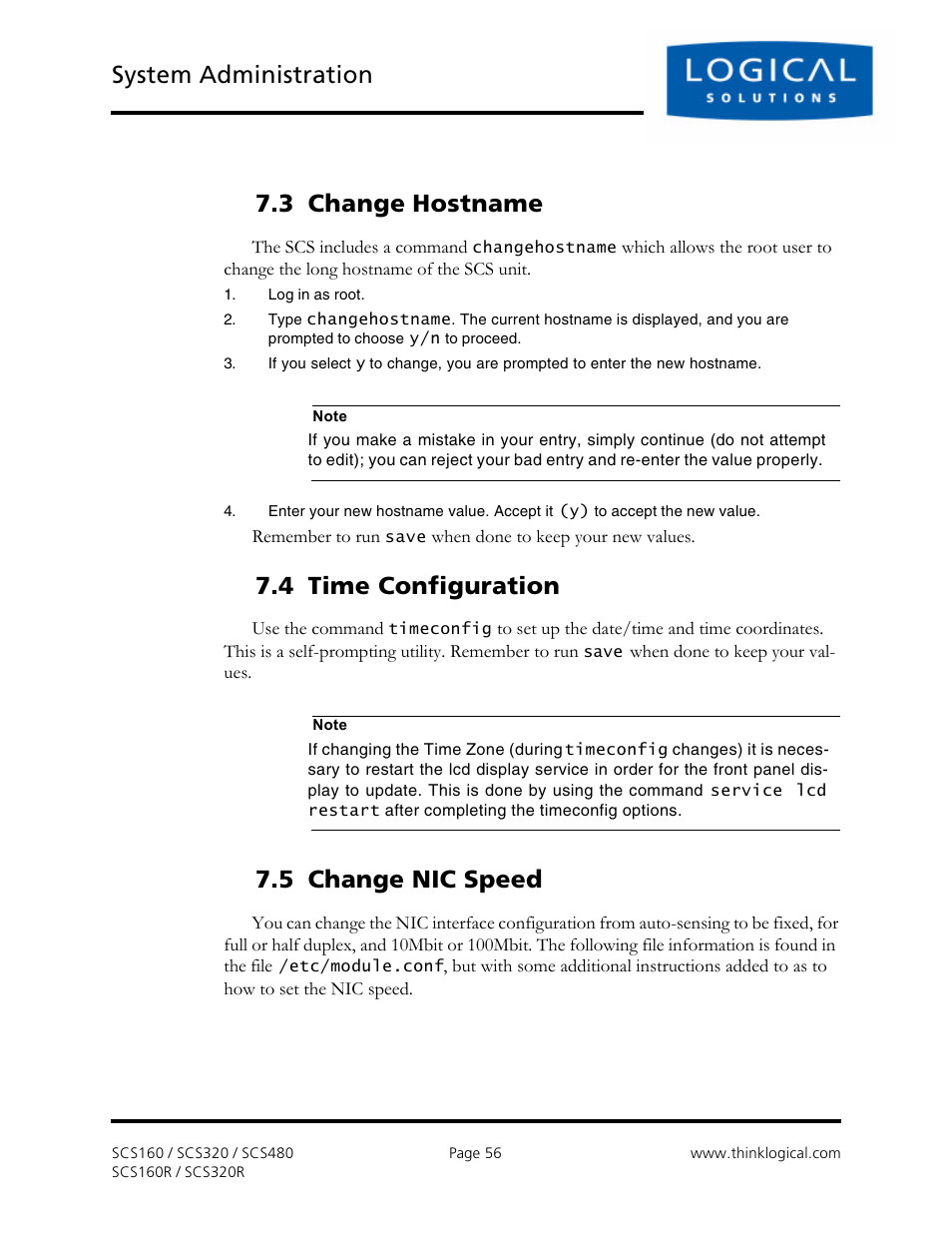 System administration, 3 change hostname, 4 time configuration | 5 change nic speed | Logical Solutions Secure Console Servers SCS-R User Manual | Page 56 / 90