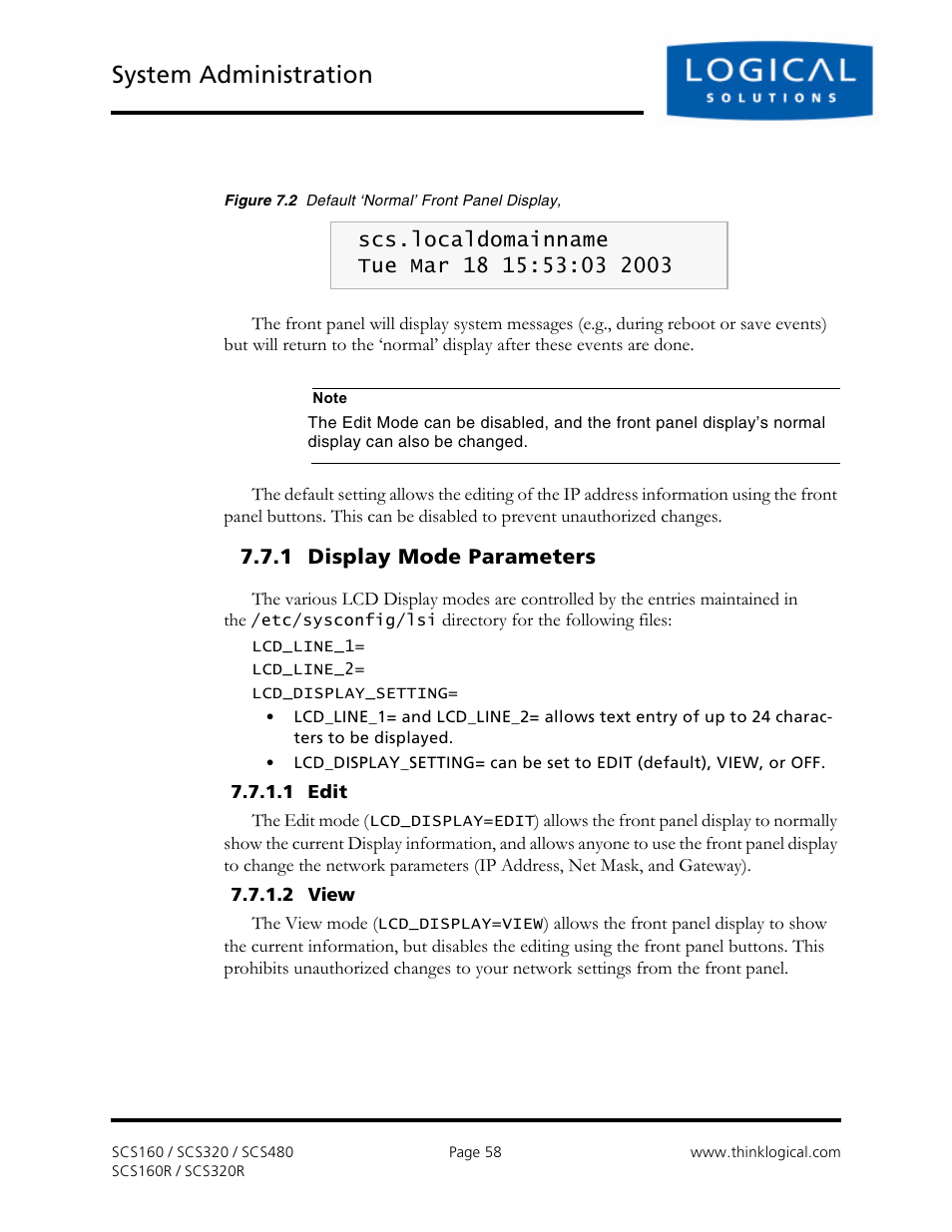 System administration, 1 display mode parameters | Logical Solutions Secure Console Servers SCS-R User Manual | Page 58 / 90