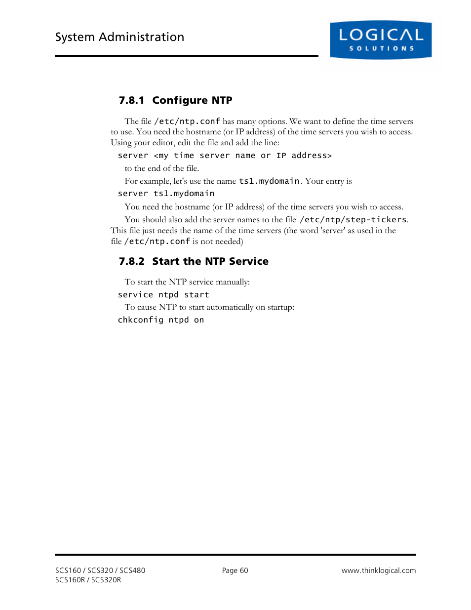System administration, 1 configure ntp, 2 start the ntp service | Logical Solutions Secure Console Servers SCS-R User Manual | Page 60 / 90