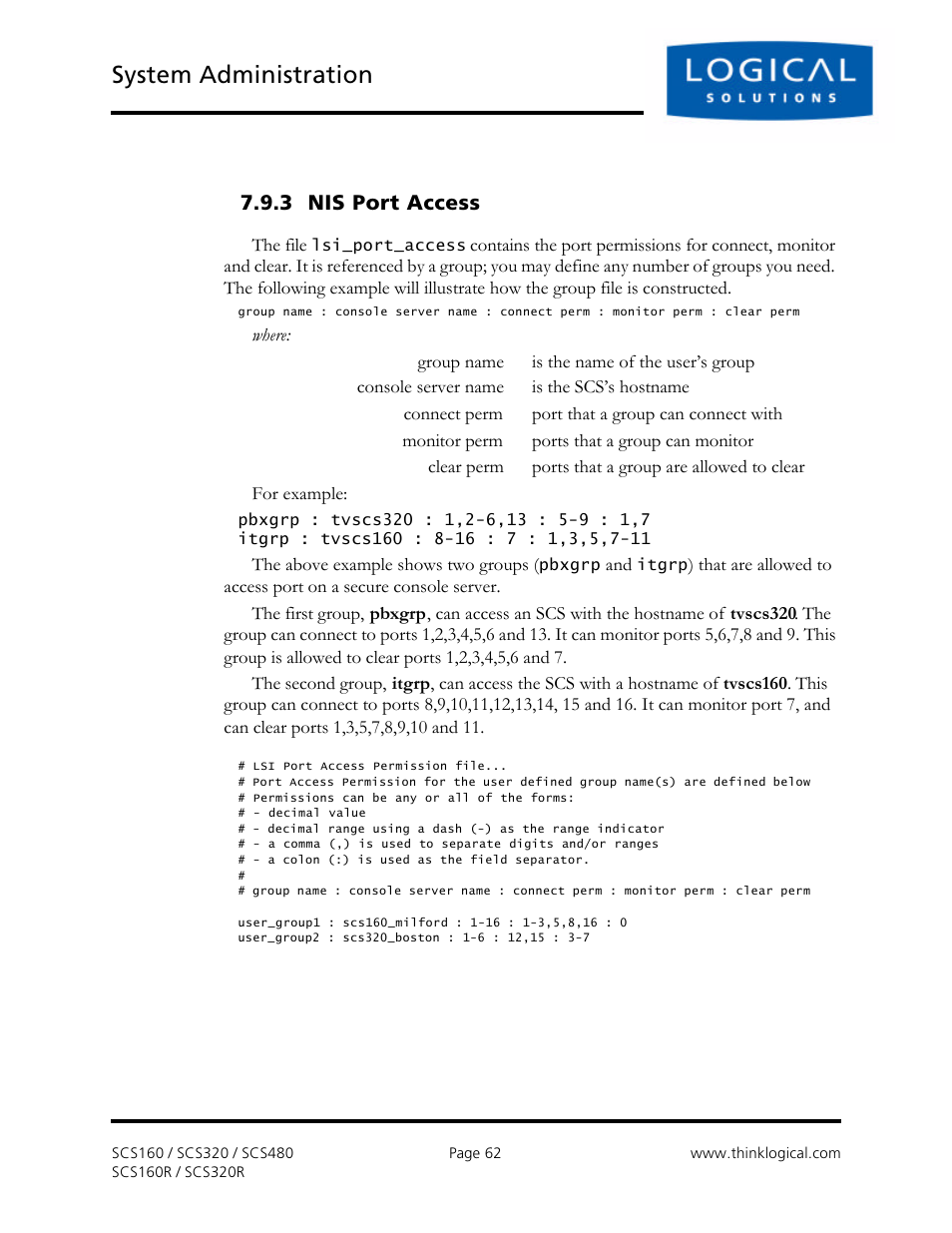 System administration, 3 nis port access | Logical Solutions Secure Console Servers SCS-R User Manual | Page 62 / 90