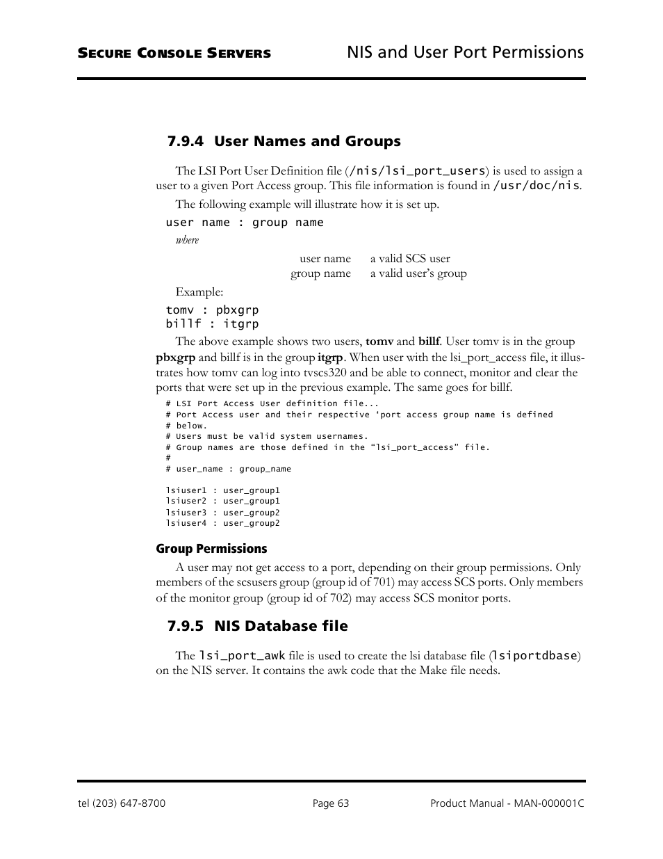 Nis and user port permissions, 4 user names and groups, 5 nis database file | Logical Solutions Secure Console Servers SCS-R User Manual | Page 63 / 90