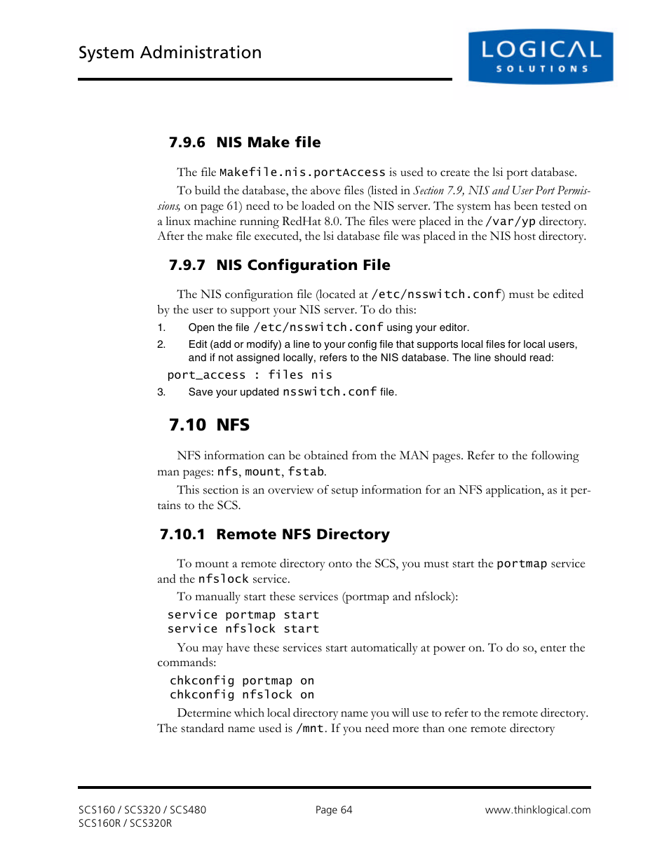 System administration, 10 nfs, 6 nis make file | 7 nis configuration file, 1 remote nfs directory | Logical Solutions Secure Console Servers SCS-R User Manual | Page 64 / 90