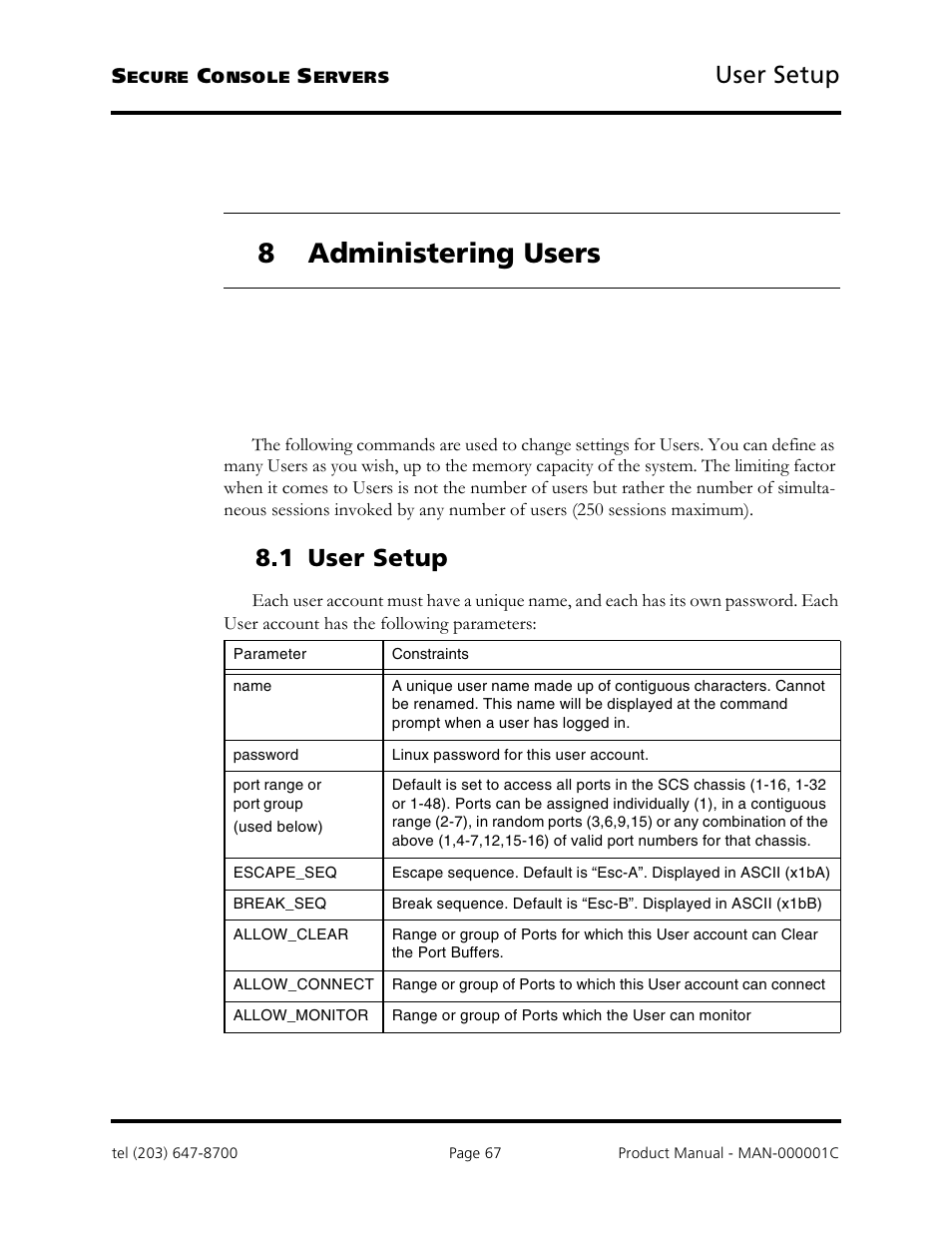 8 administering users, User setup, 1 user setup | Logical Solutions Secure Console Servers SCS-R User Manual | Page 67 / 90