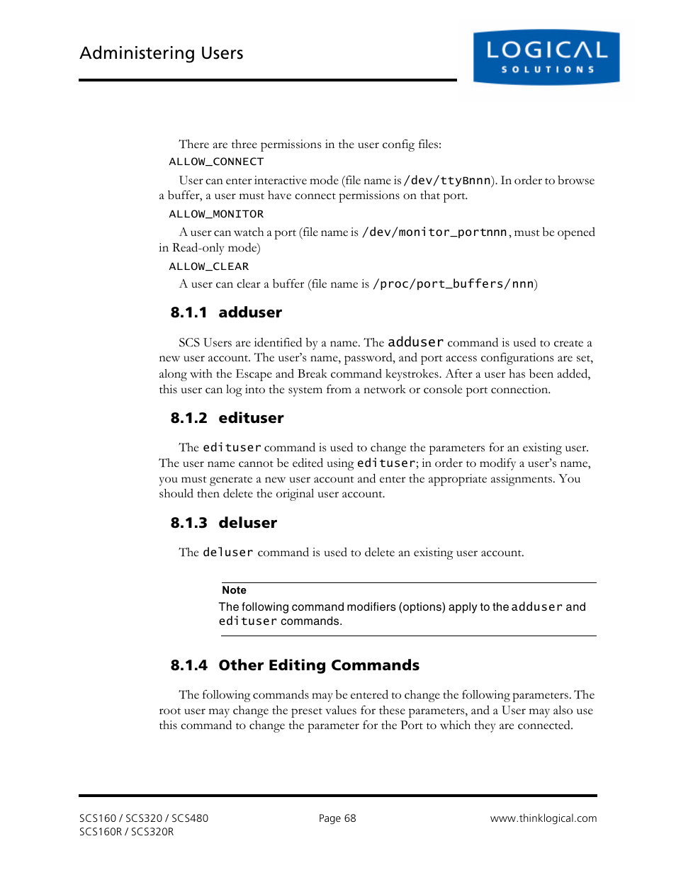 Administering users, 1 adduser, 2 edituser | 3 deluser, 4 other editing commands | Logical Solutions Secure Console Servers SCS-R User Manual | Page 68 / 90
