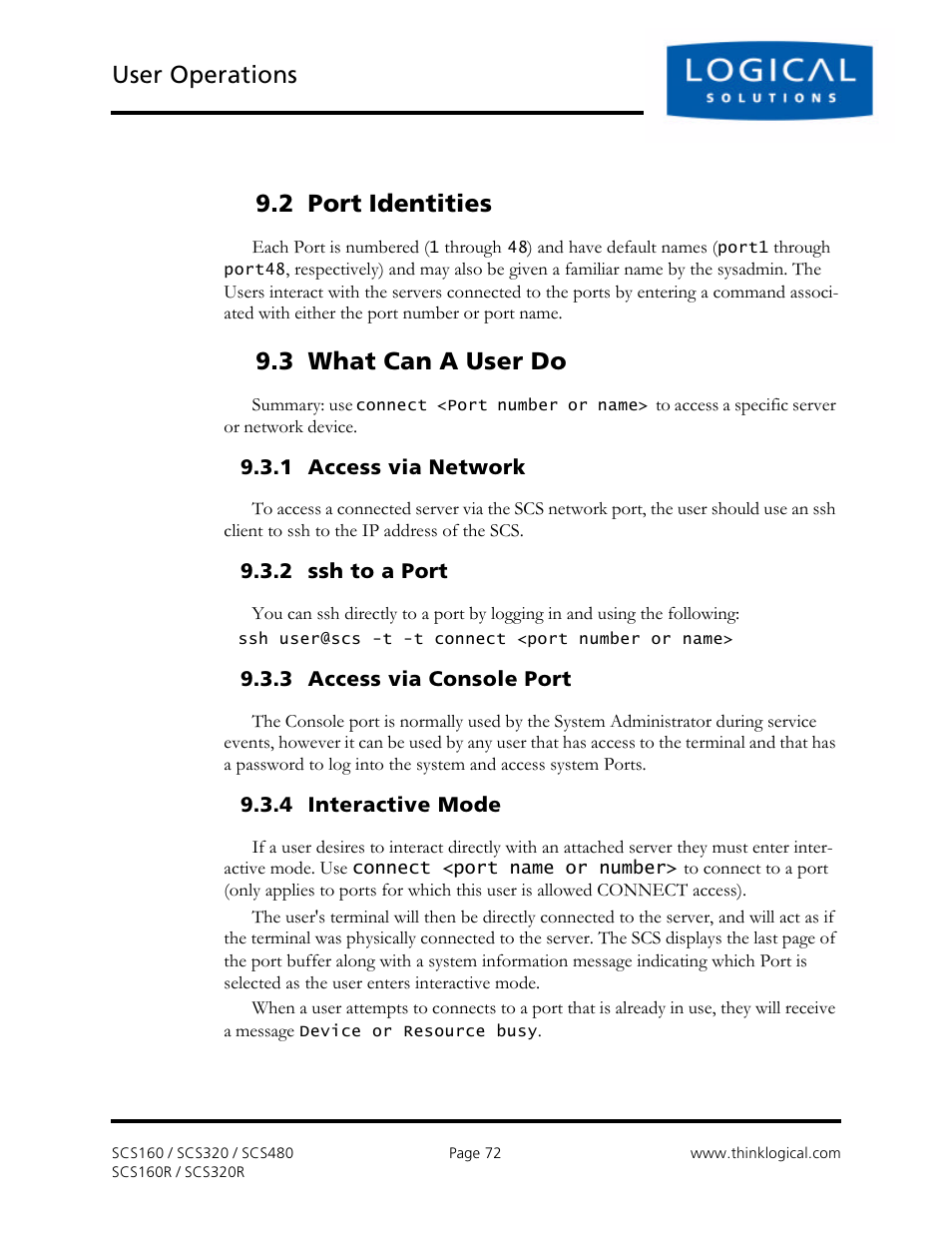 User operations, 2 port identities, 3 what can a user do | Logical Solutions Secure Console Servers SCS-R User Manual | Page 72 / 90