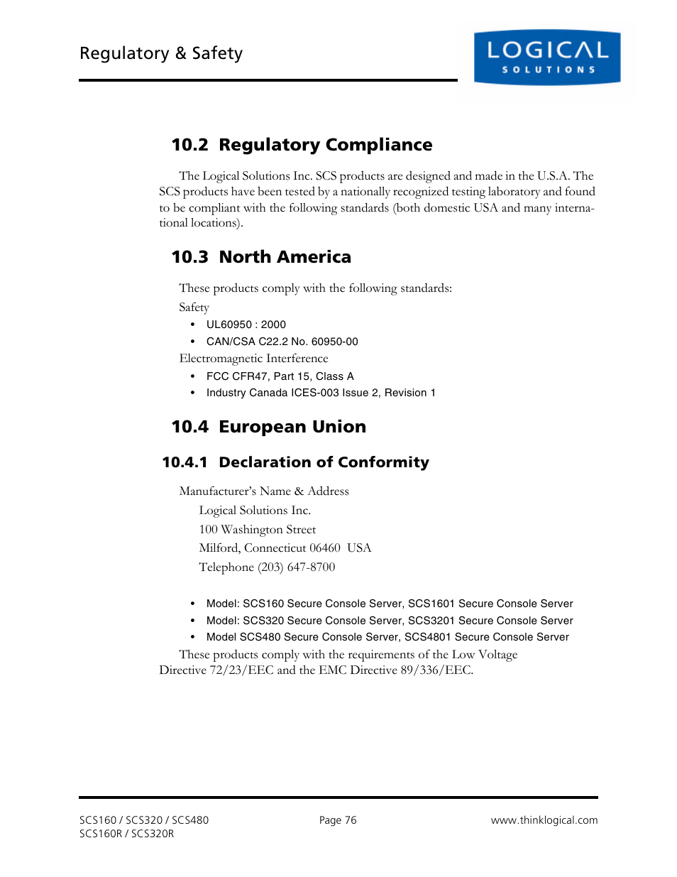 Regulatory & safety, 2 regulatory compliance, 3 north america | 4 european union | Logical Solutions Secure Console Servers SCS-R User Manual | Page 76 / 90