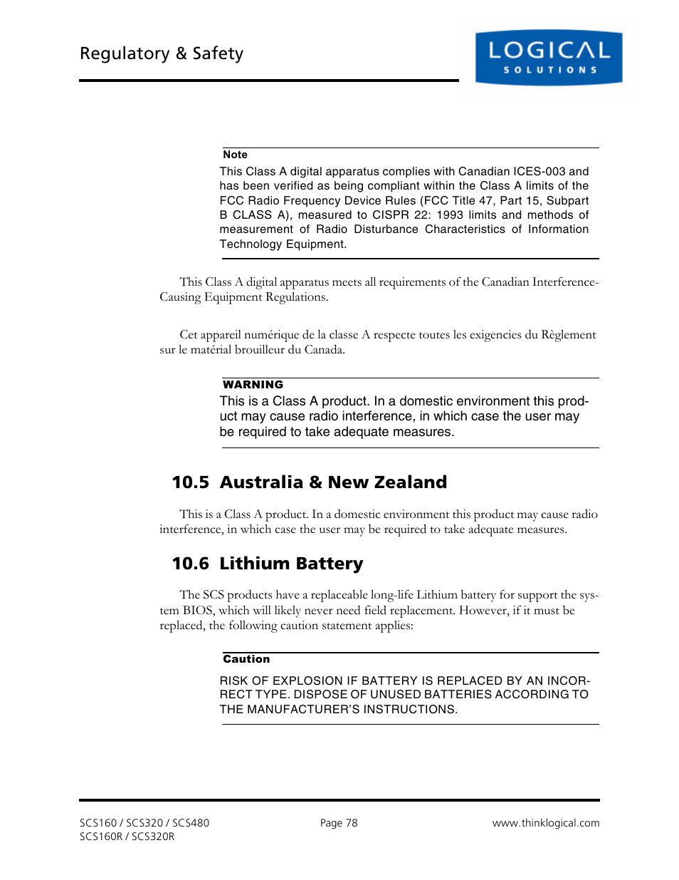 Regulatory & safety, 5 australia & new zealand, 6 lithium battery | Logical Solutions Secure Console Servers SCS-R User Manual | Page 78 / 90