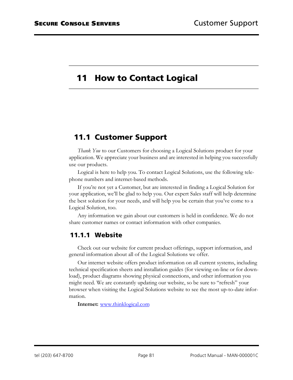 11 how to contact logical, Customer support, 1 customer support | Logical Solutions Secure Console Servers SCS-R User Manual | Page 81 / 90