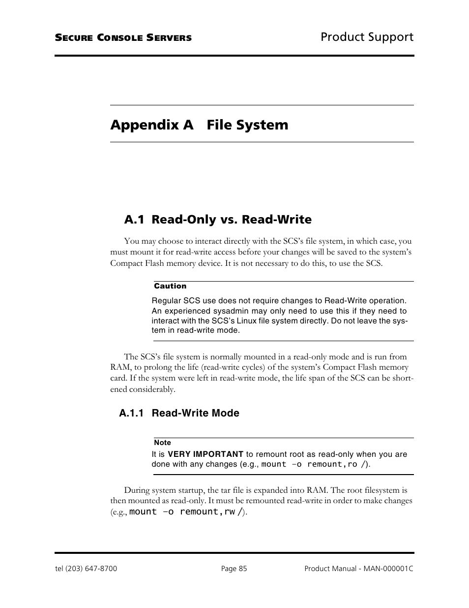 Appendix a file system, Product support, A.1 read-only vs. read-write | Logical Solutions Secure Console Servers SCS-R User Manual | Page 85 / 90